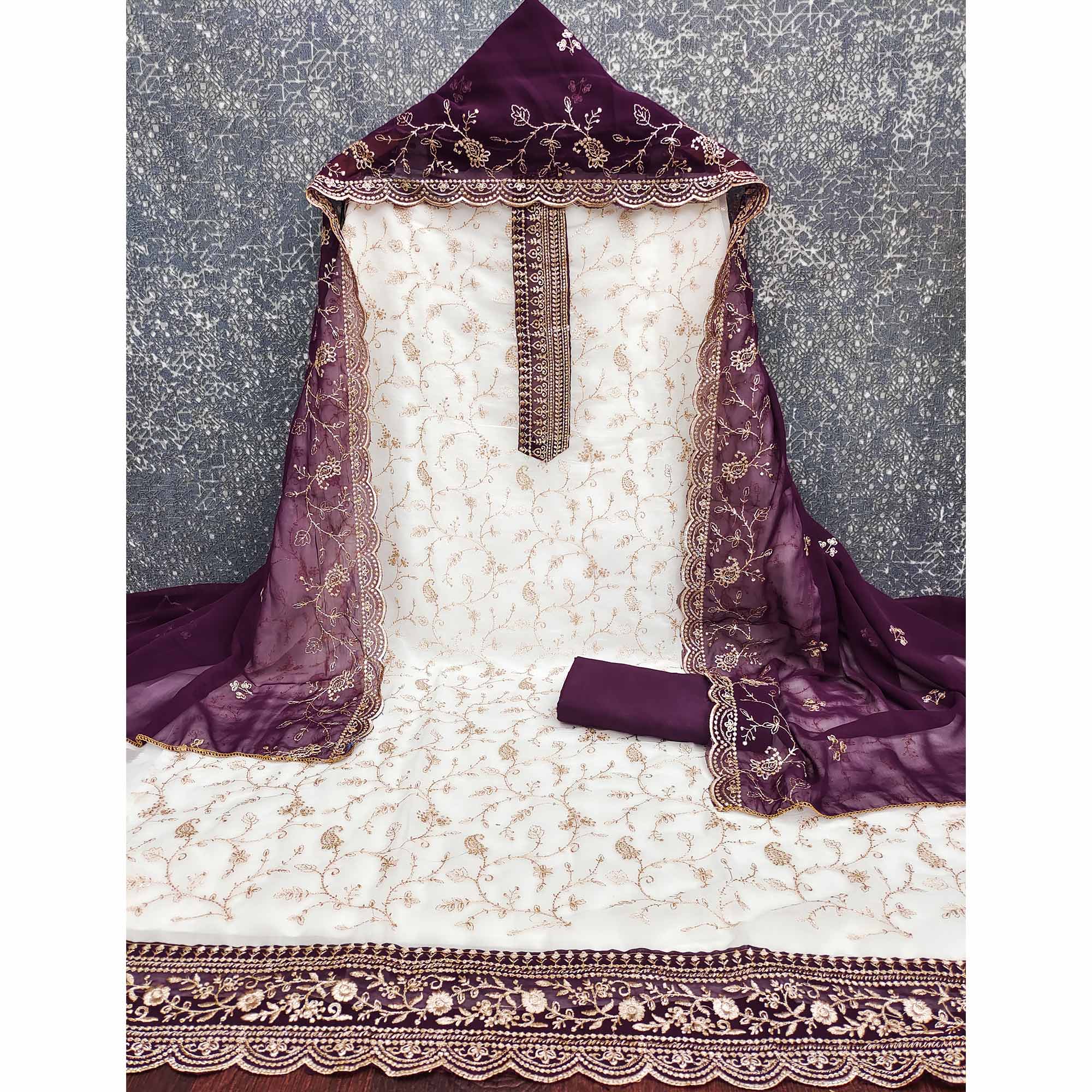 White & Wine Georgette Dress Material Showcasing Elegant Floral Thread Embroidery Work - Image 3
