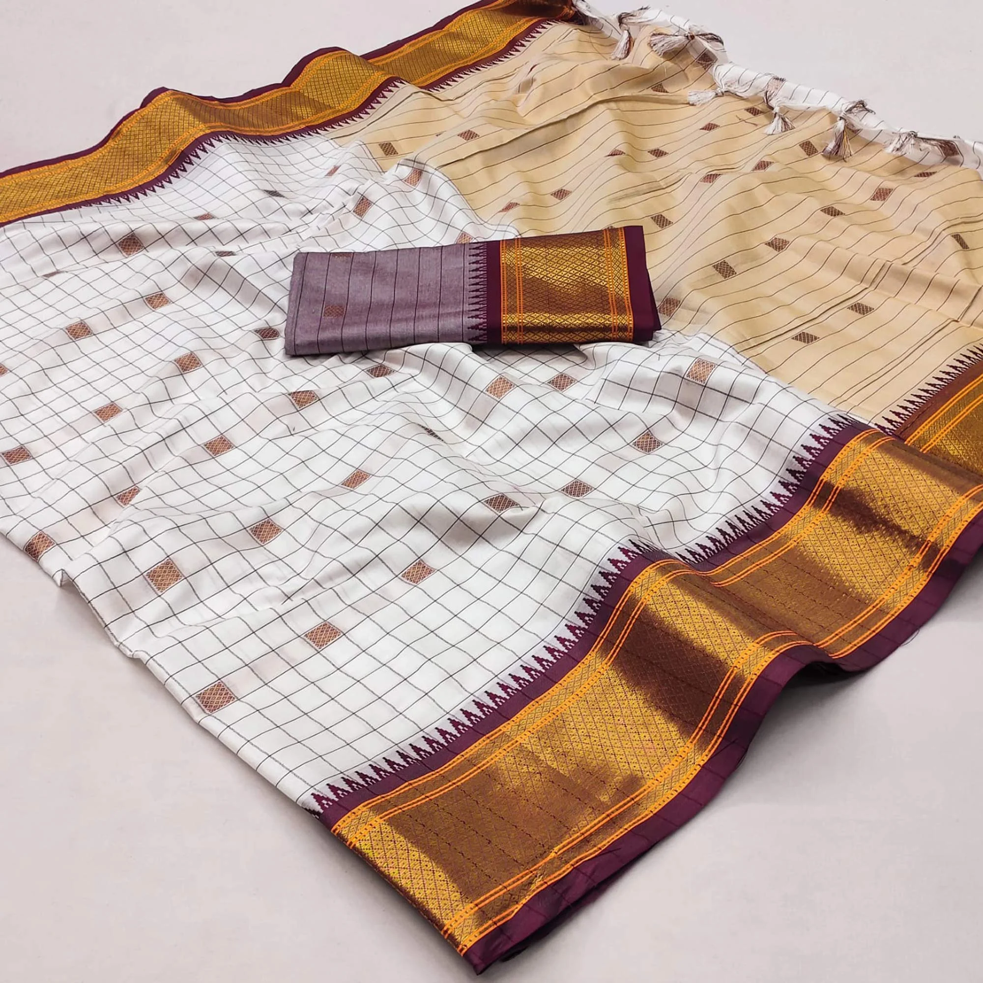 White & Wine Woven Cotton Silk Saree With Tassels - Image 2