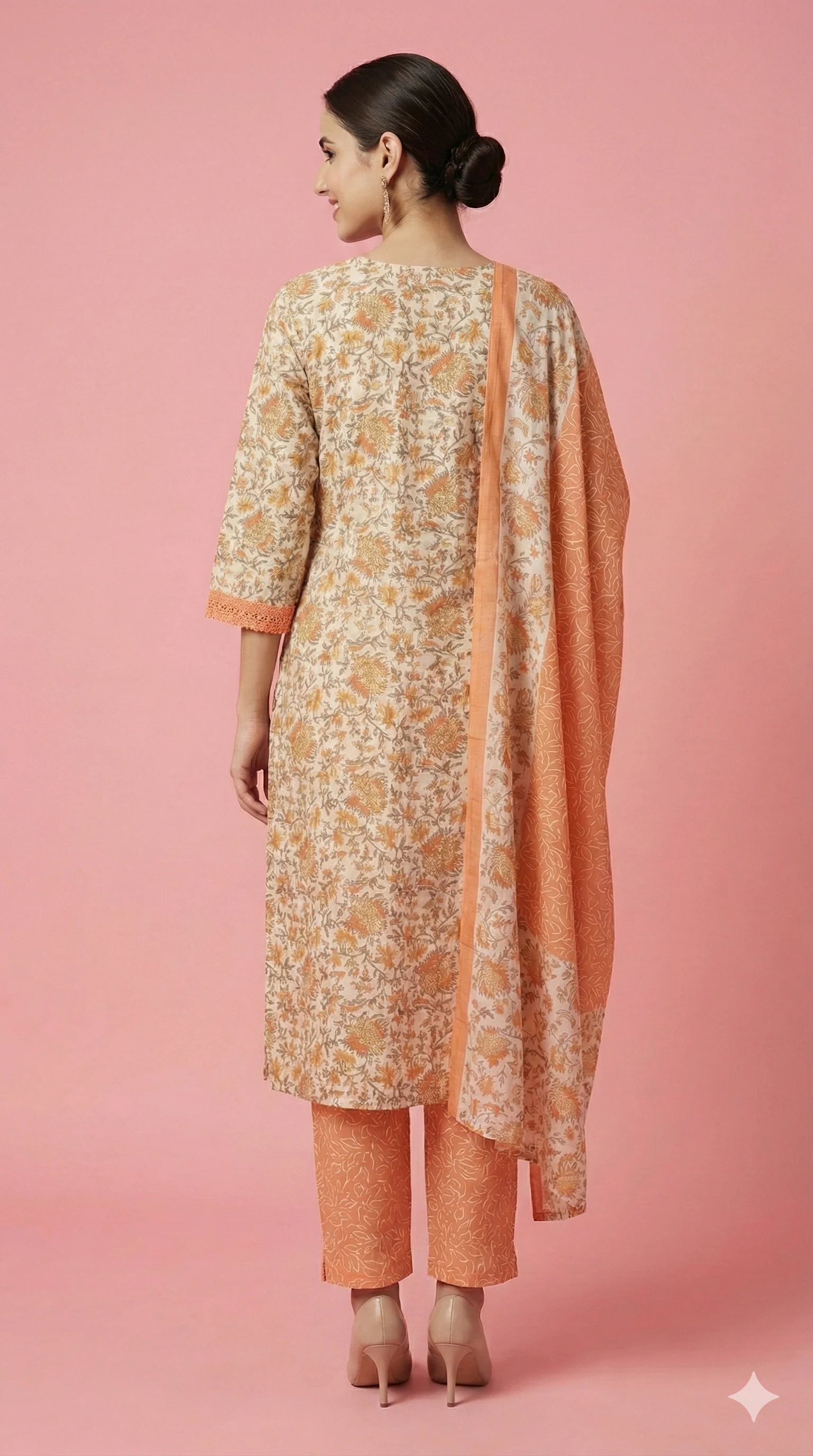 White with Orange Floral Printed Cotton Salwar Suit with Straight Kurta and Coordinated Dupatta - Image 3