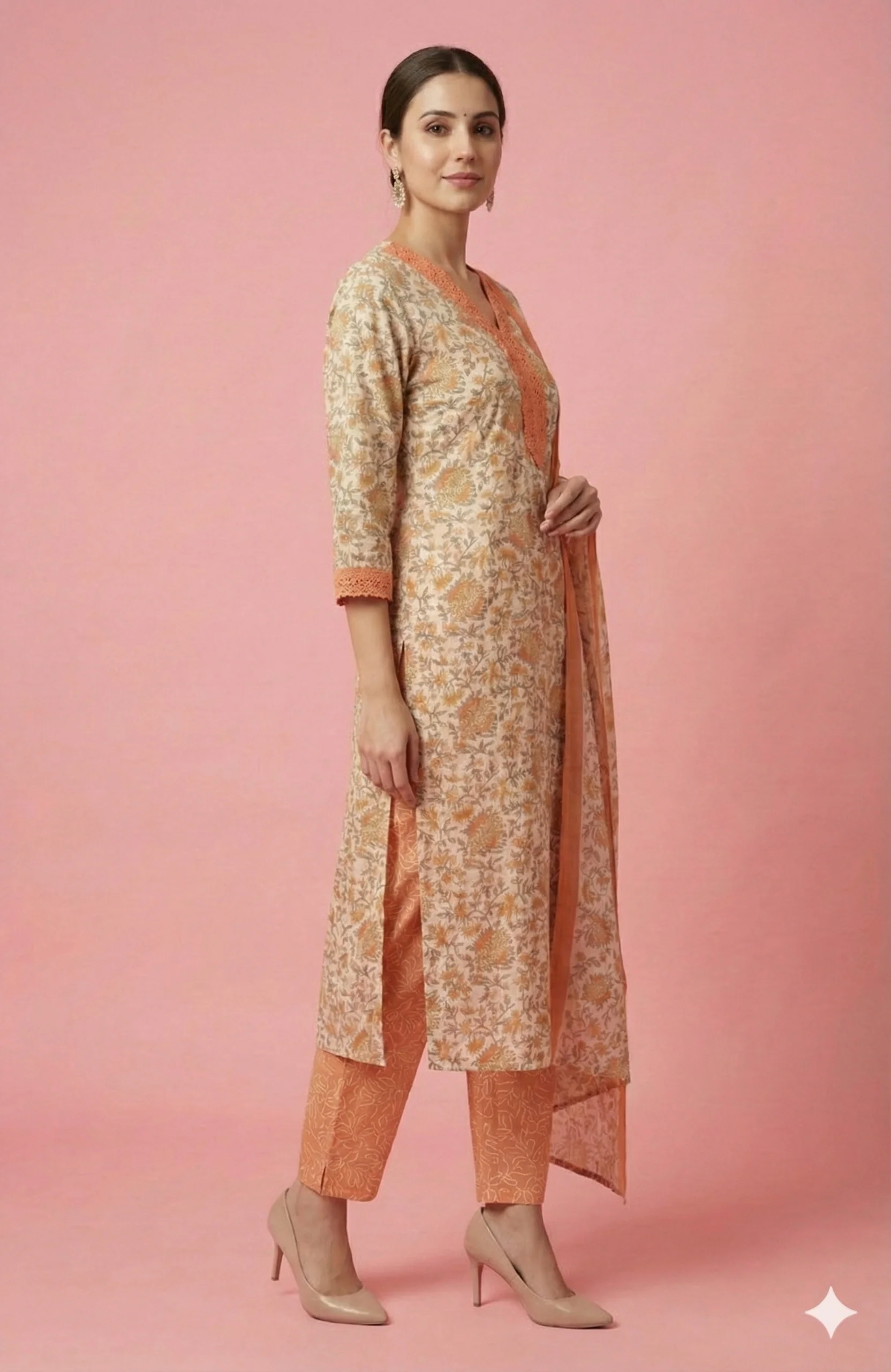 White with Orange Floral Printed Cotton Salwar Suit with Straight Kurta and Coordinated Dupatta - Image 4