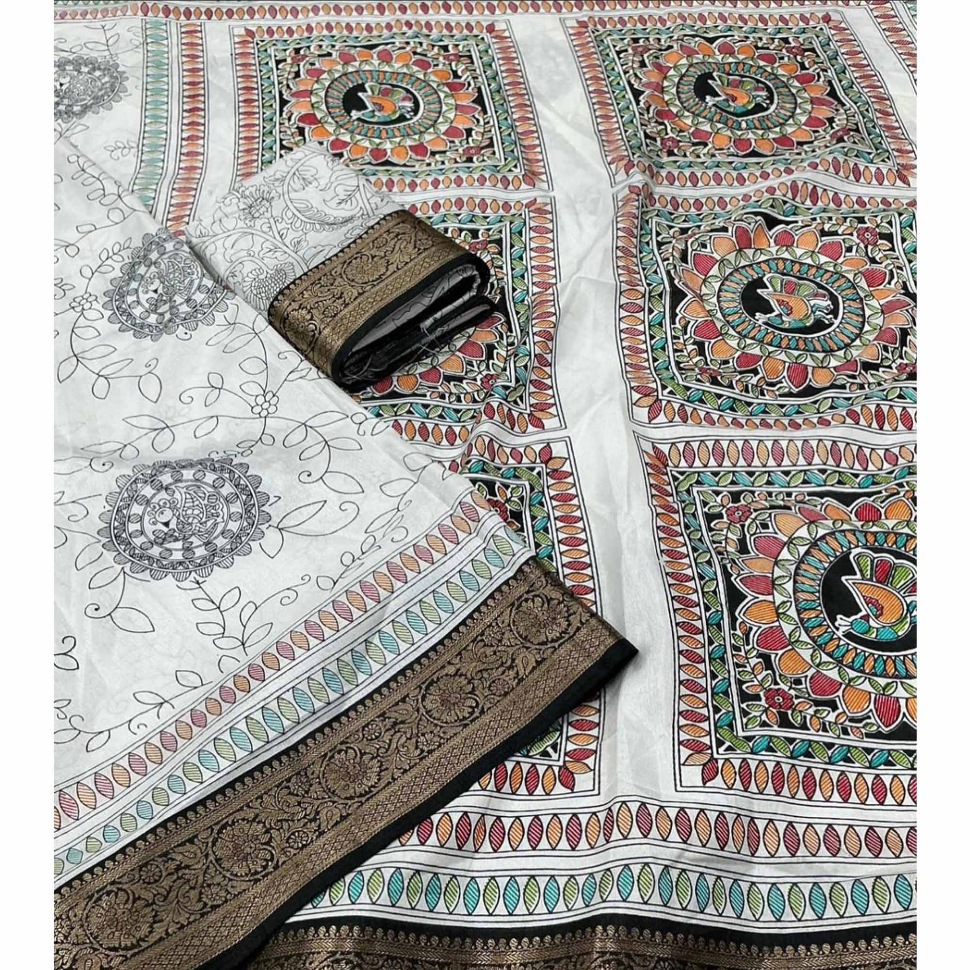 White Woven Border Floral Print Dola Silk Saree for Festive Wear - Image 3