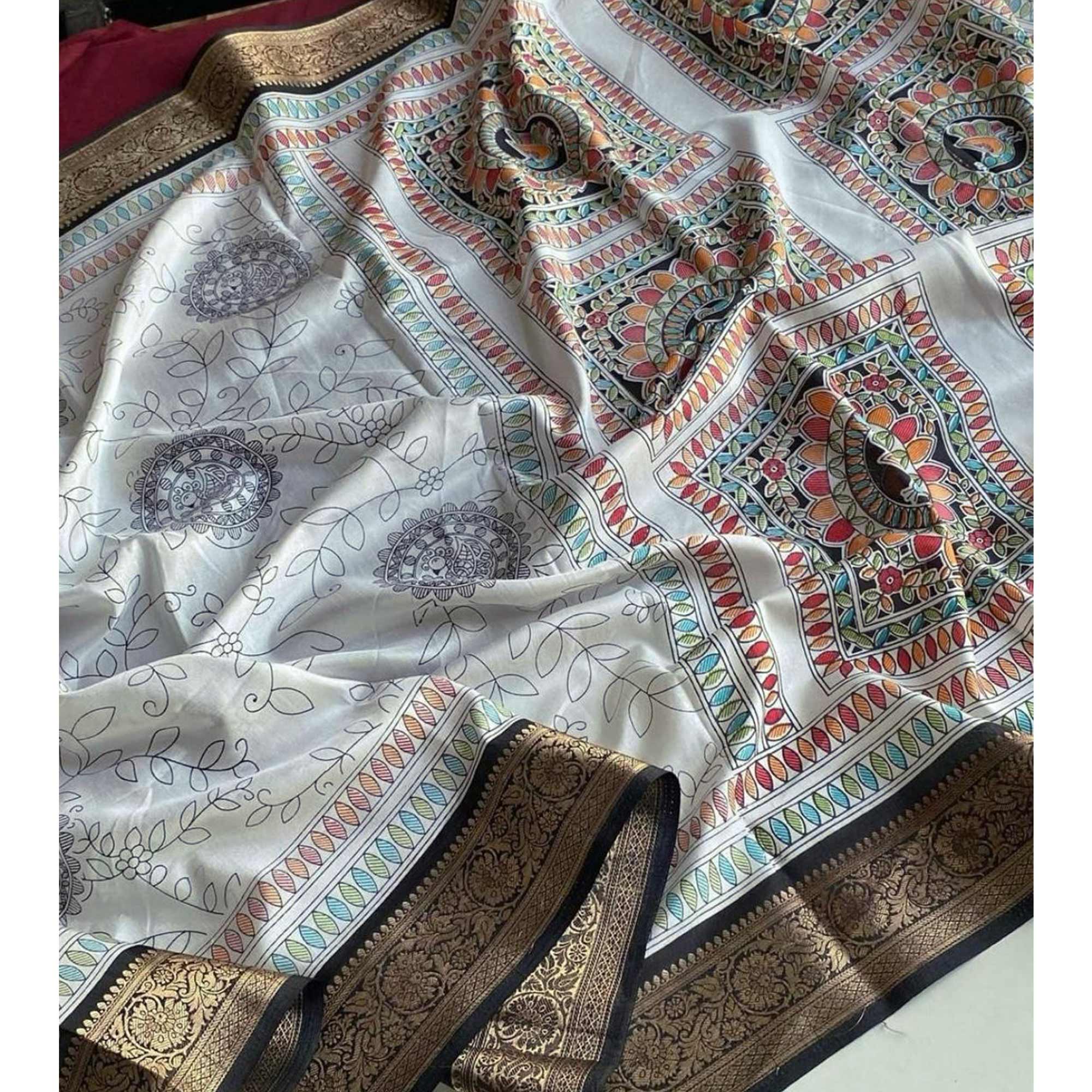 White Woven Border Floral Print Dola Silk Saree for Festive Wear - Image 4