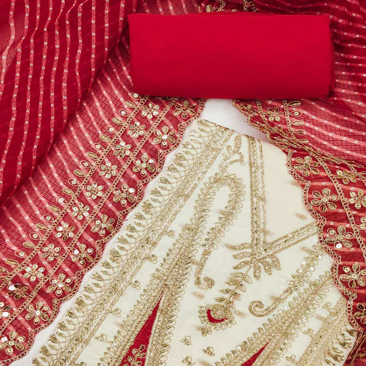 White Woven With Sequins Embroidery Chanderi Dress Material - Image 2