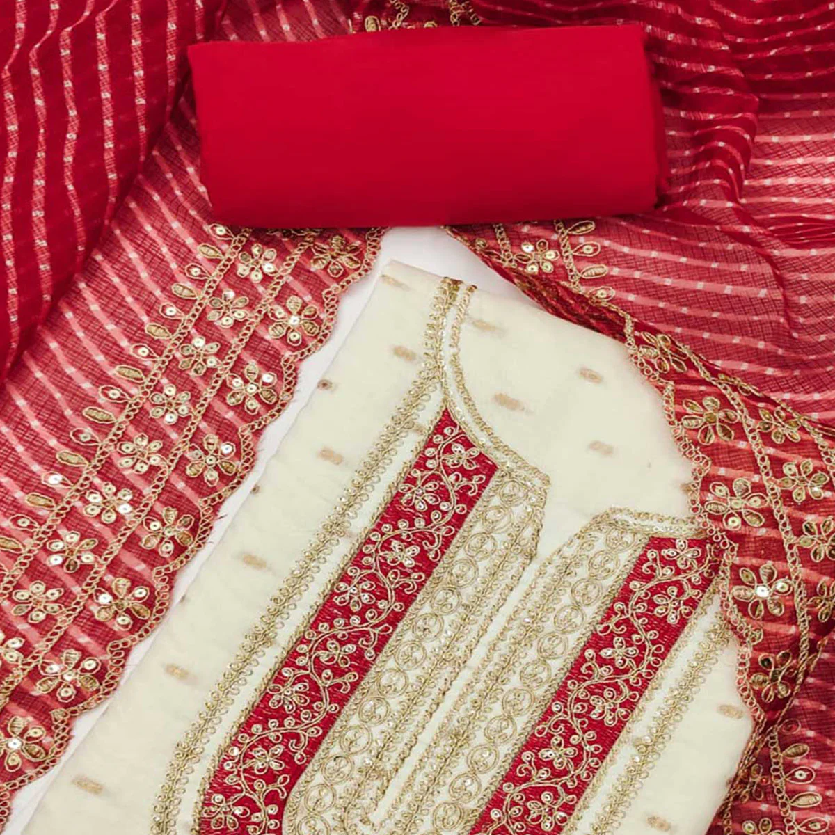 White Woven With Sequins Embroidery Chanderi Dress Material - Image 2