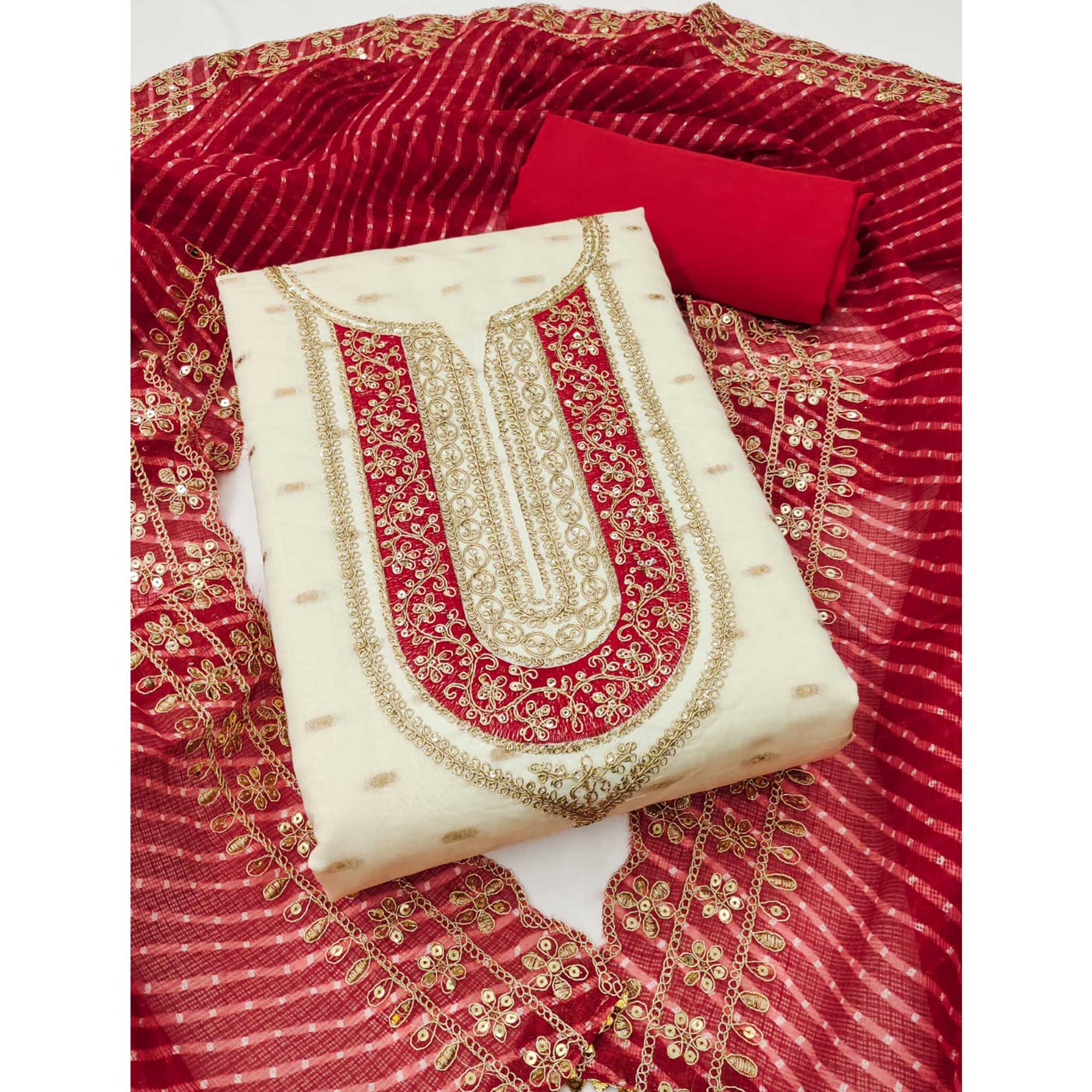 White Woven With Sequins Embroidery Chanderi Dress Material - Image 3