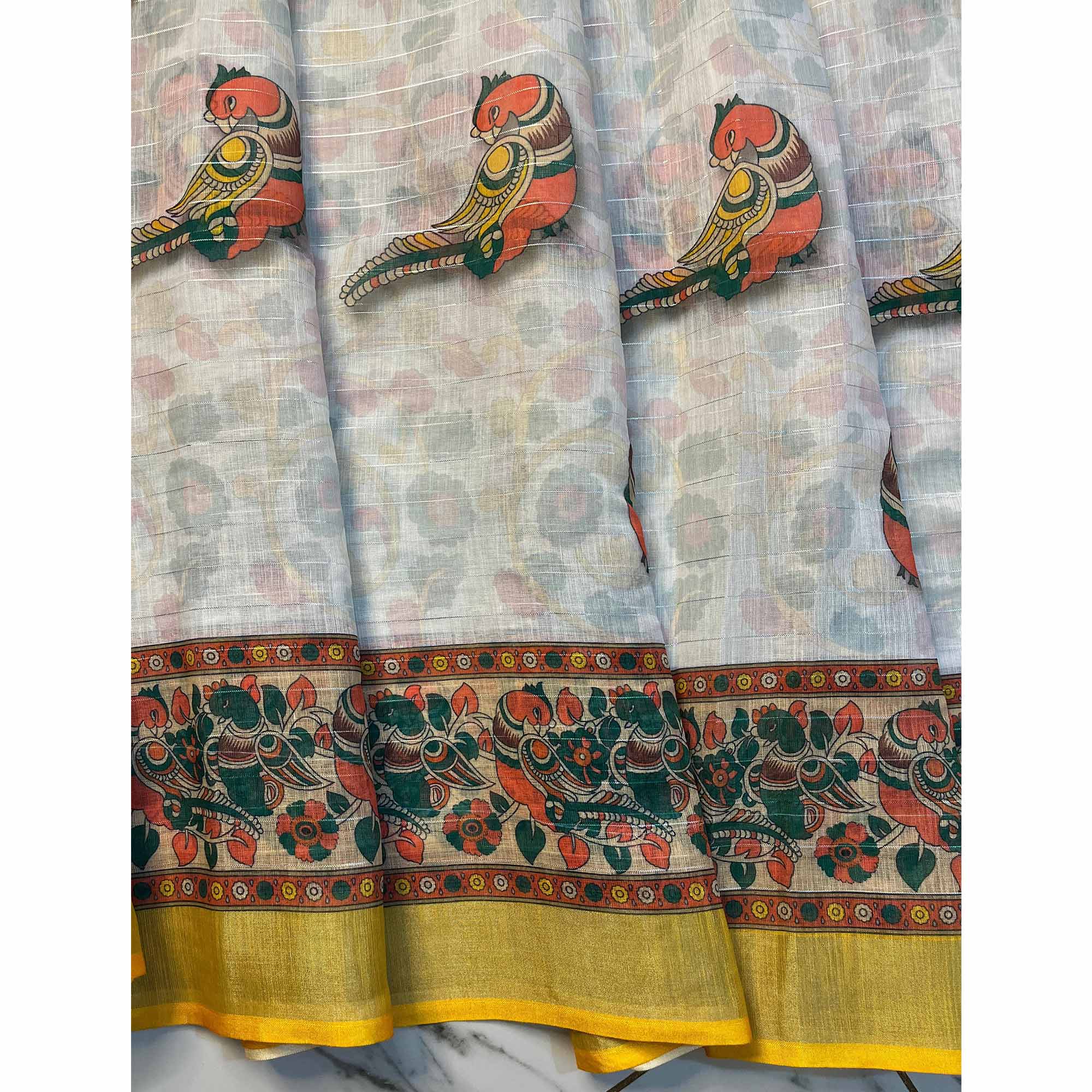 White & Yellow Digital Printed Linen Saree - Image 3