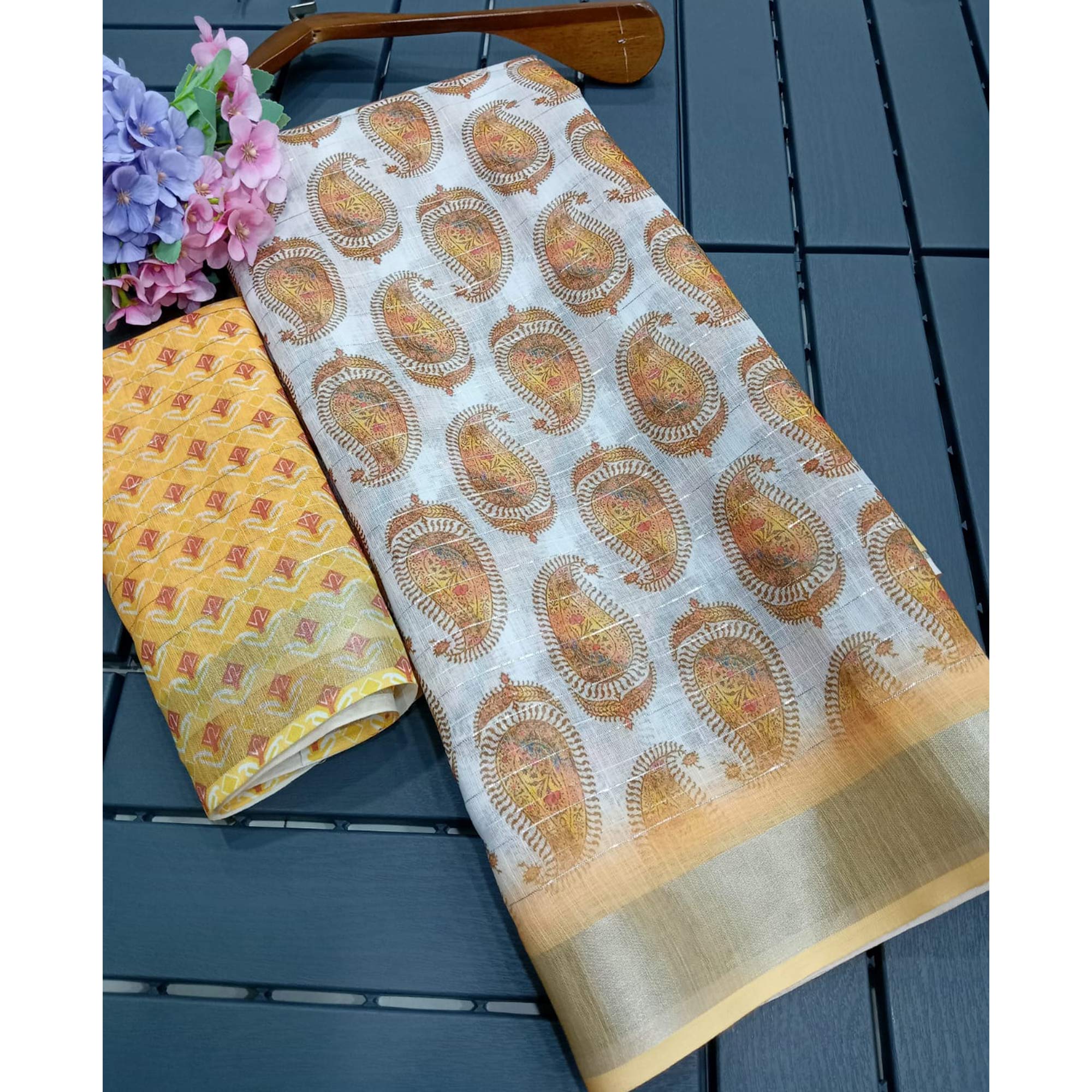 White & Yellow Digital Printed With Zari Work Linen Cotton Saree - Image 4