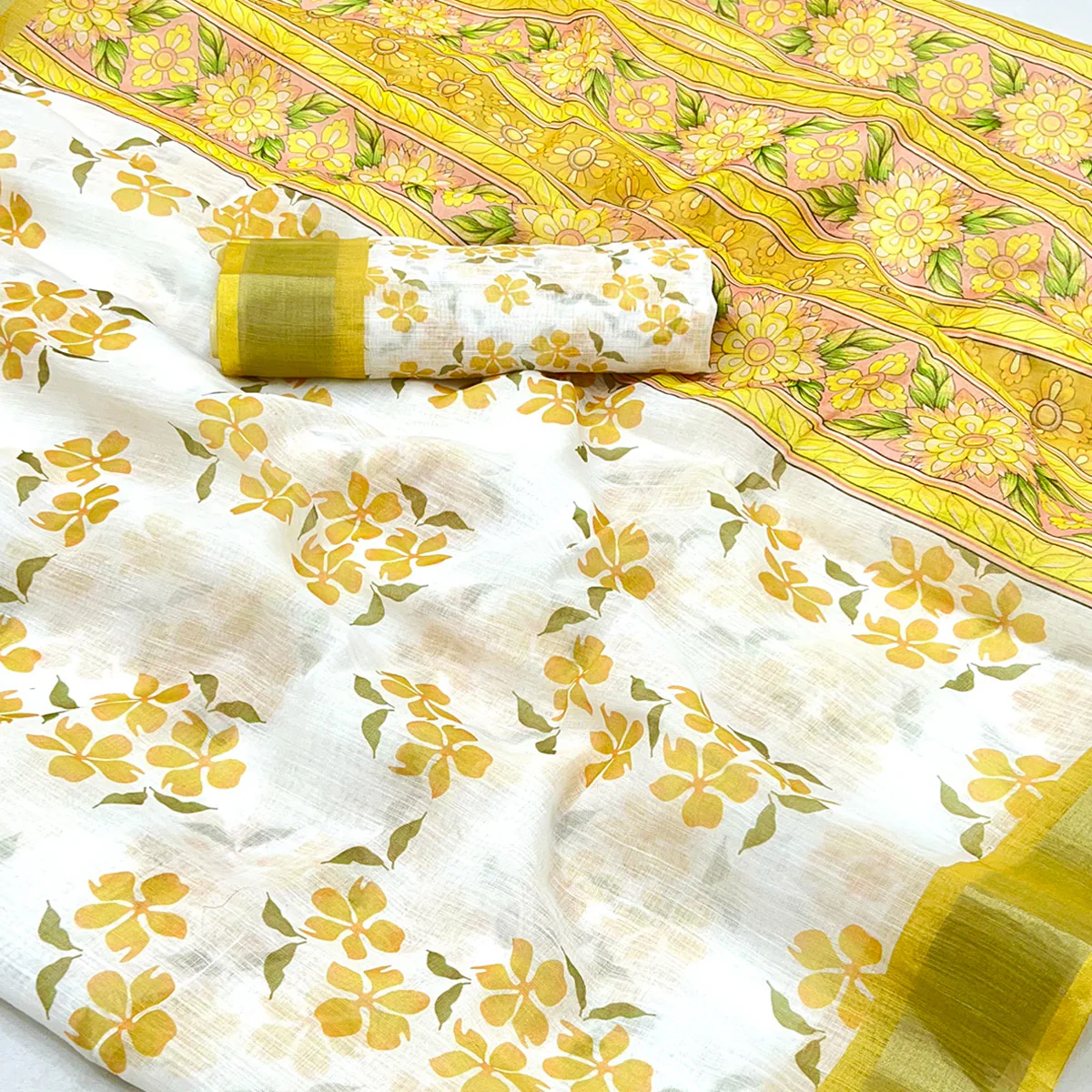 White & Yellow Floral Printed Linen Saree - Image 2