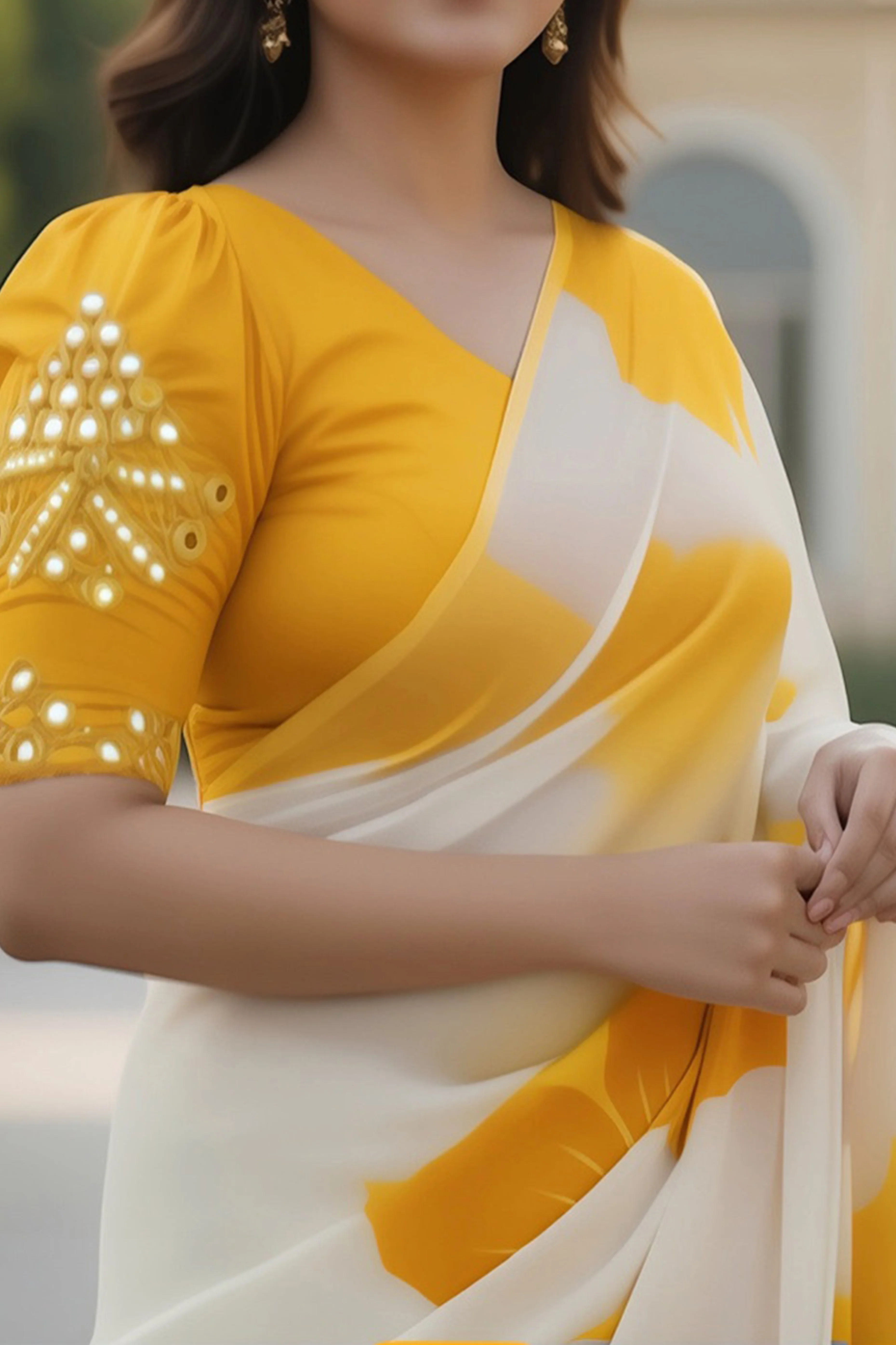 White & Yellow Organza Saree Featuring Delicate Floral Foil Prints - Image 4