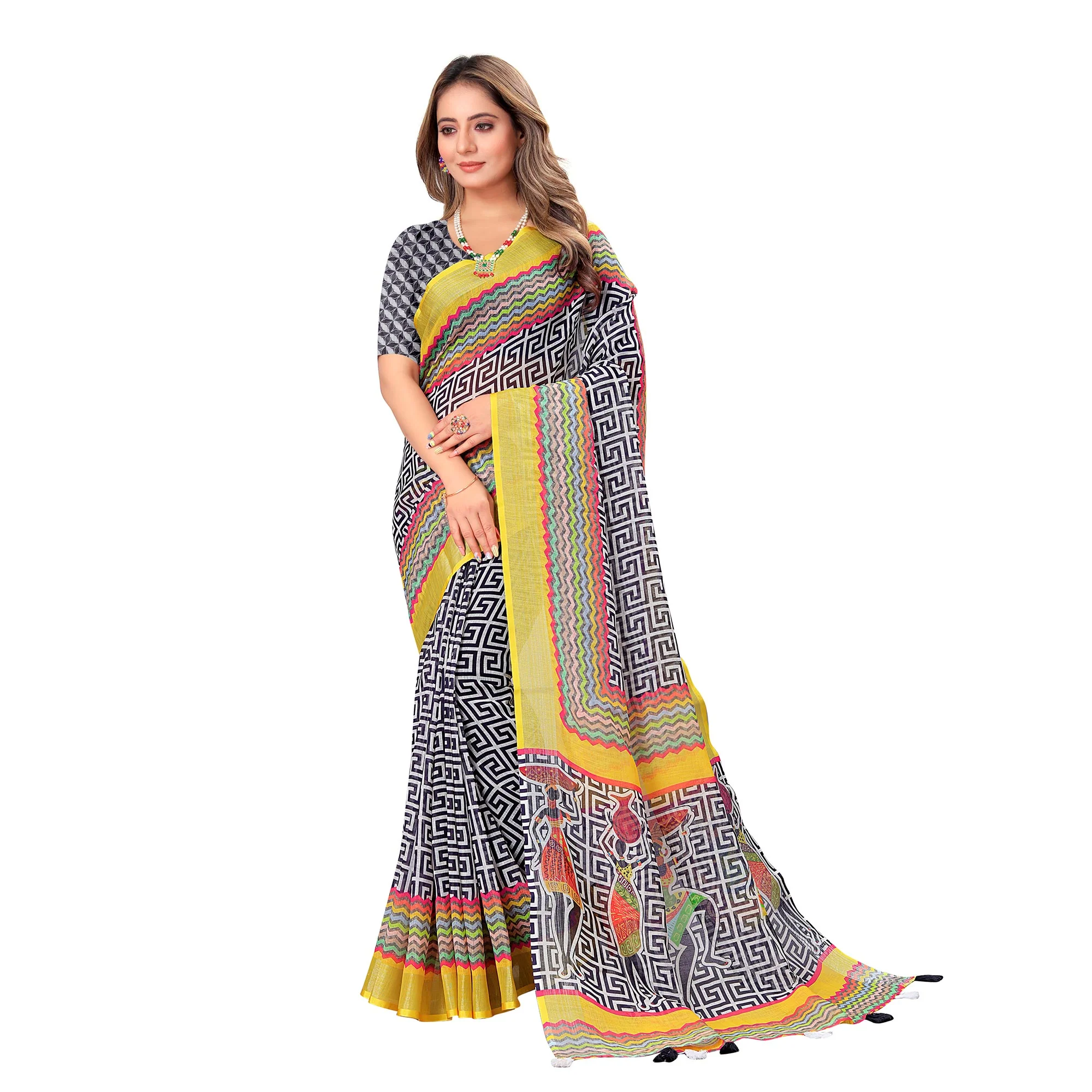 White & Yellow Printed Linen Saree - Image 3