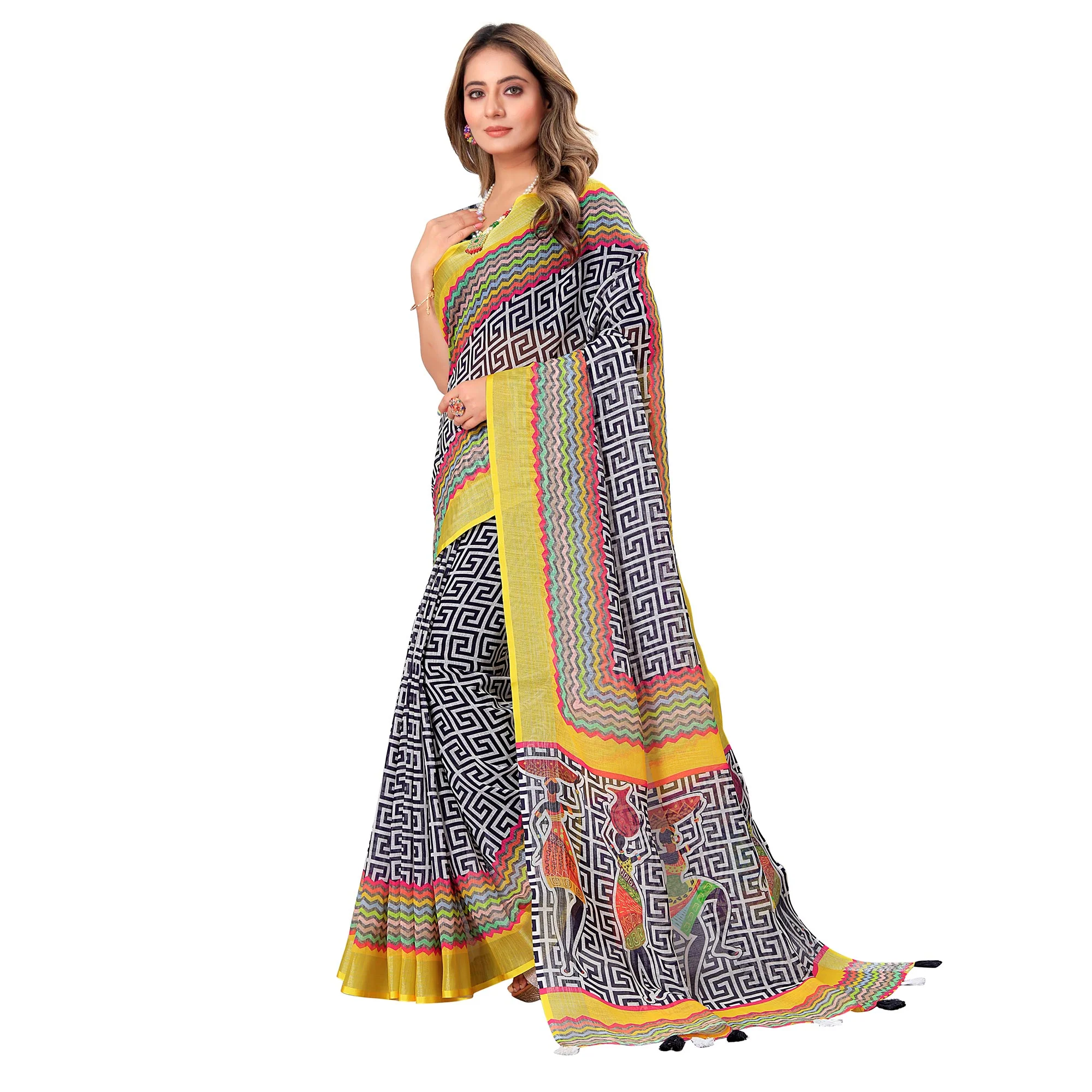 White & Yellow Printed Linen Saree - Image 4
