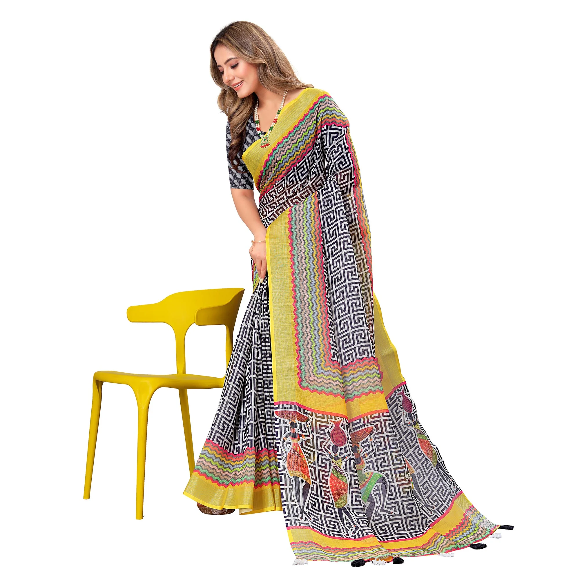 White & Yellow Printed Linen Saree - Image 5