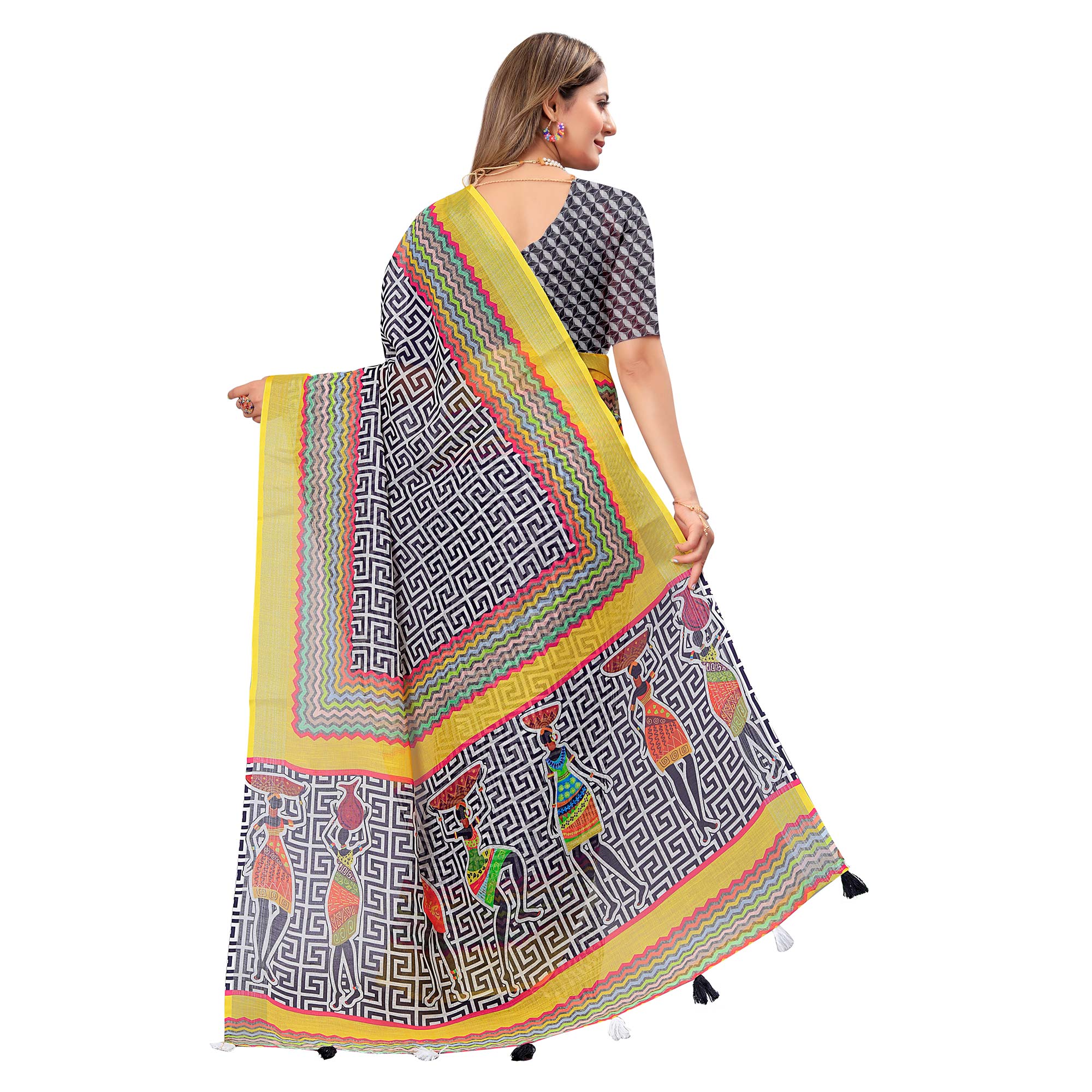 White & Yellow Printed Linen Saree - Image 6