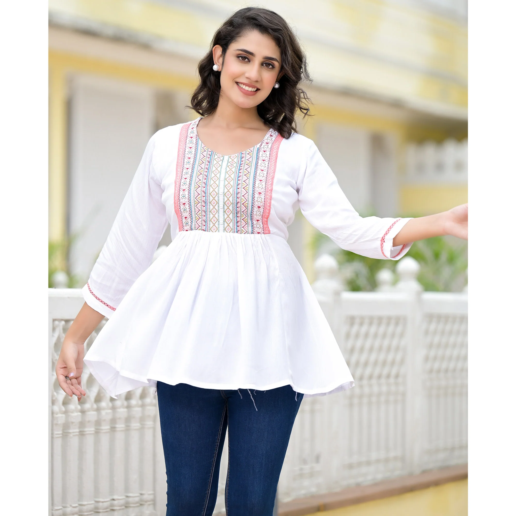 White Yoke Embroidered Rayon A-Line Top - Image 3