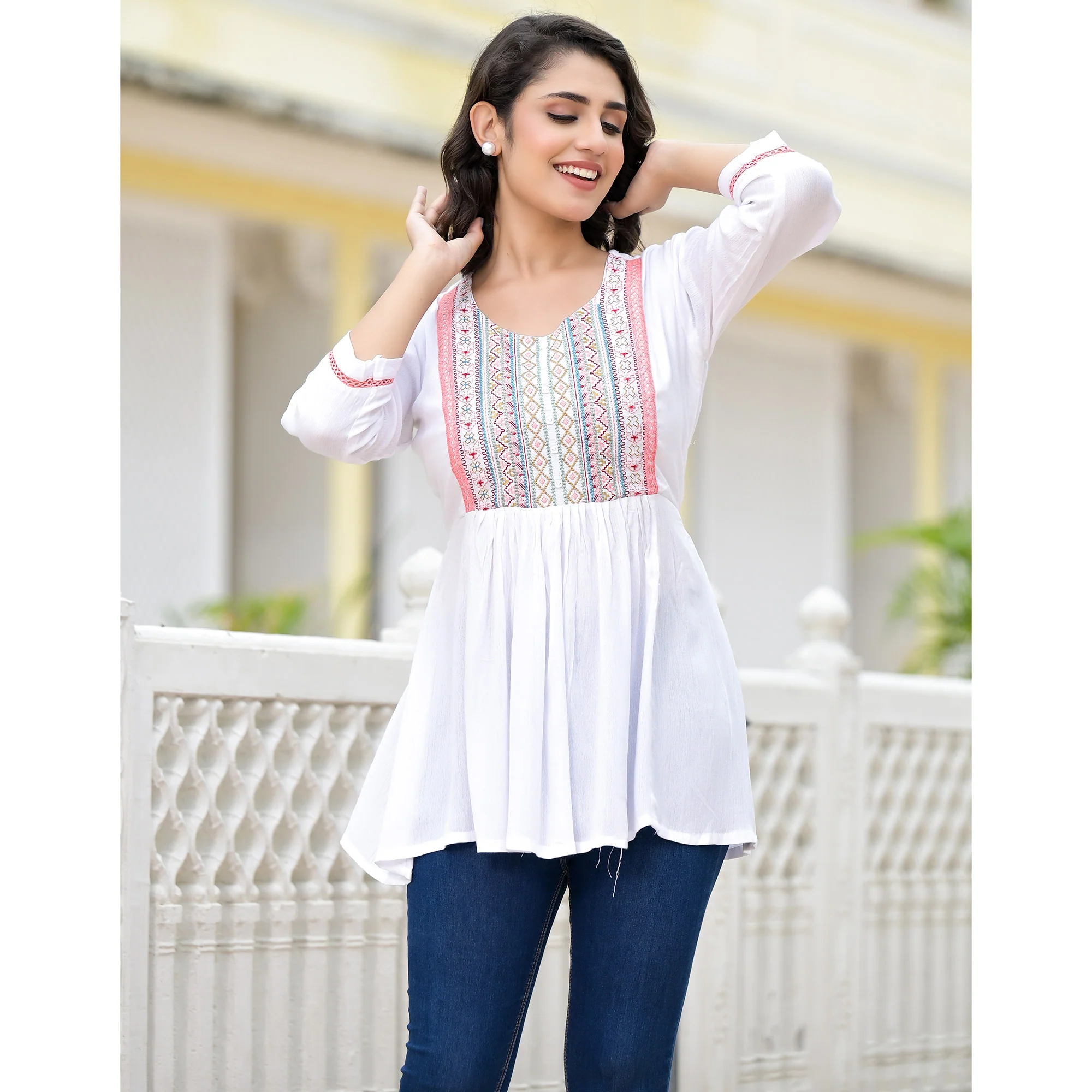 White Yoke Embroidered Rayon A-Line Top - Image 4