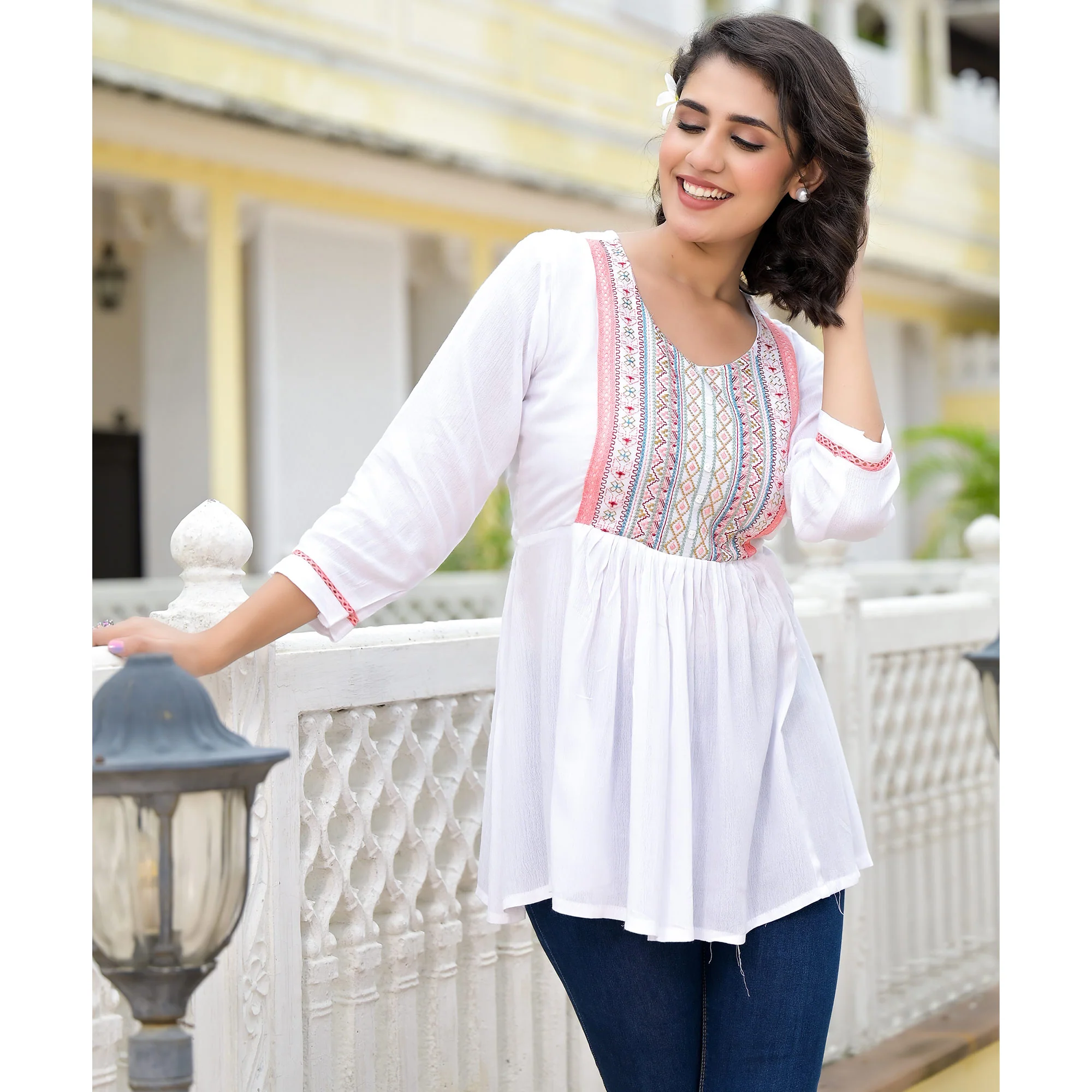 White Yoke Embroidered Rayon A-Line Top - Image 5