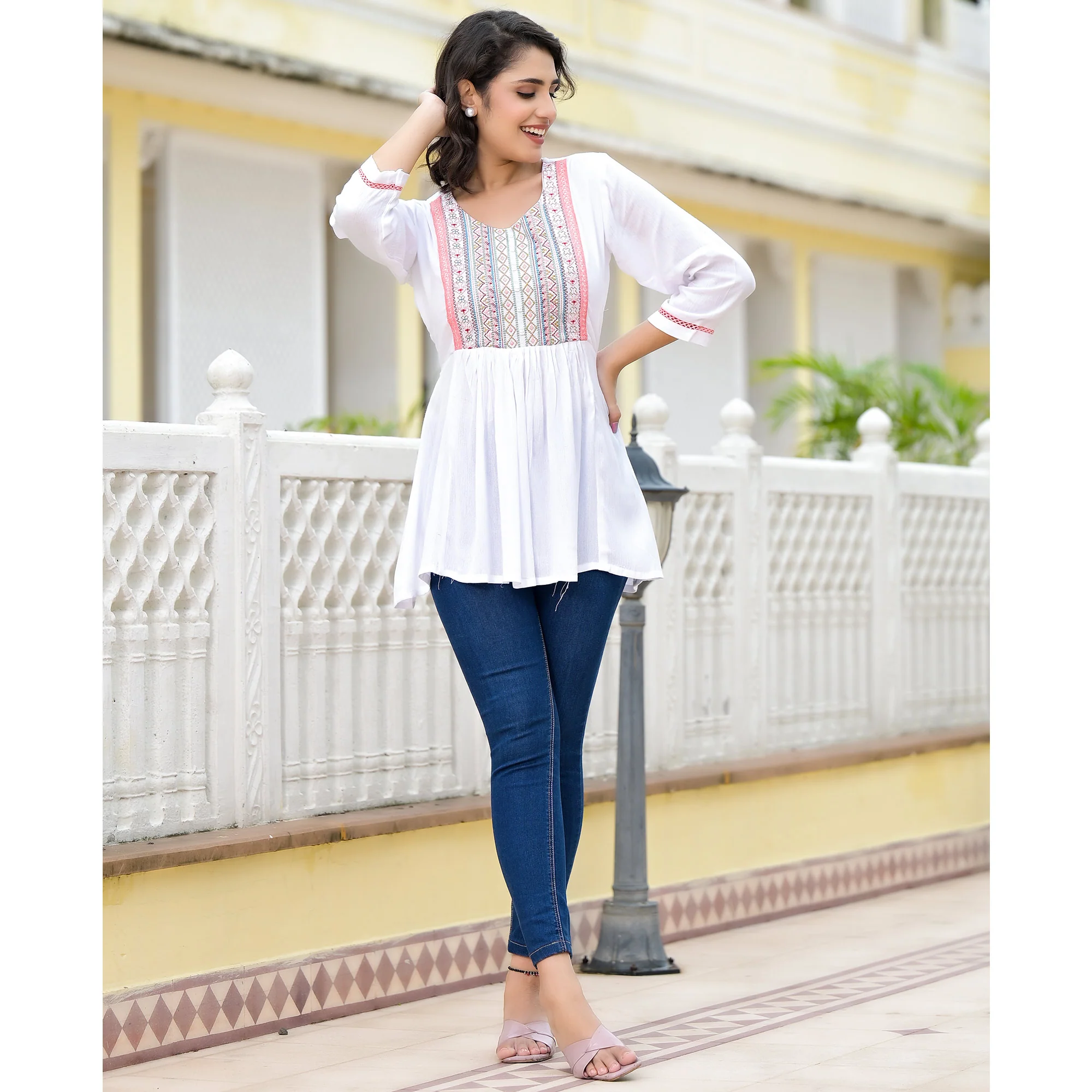 White Yoke Embroidered Rayon A-Line Top - Image 7