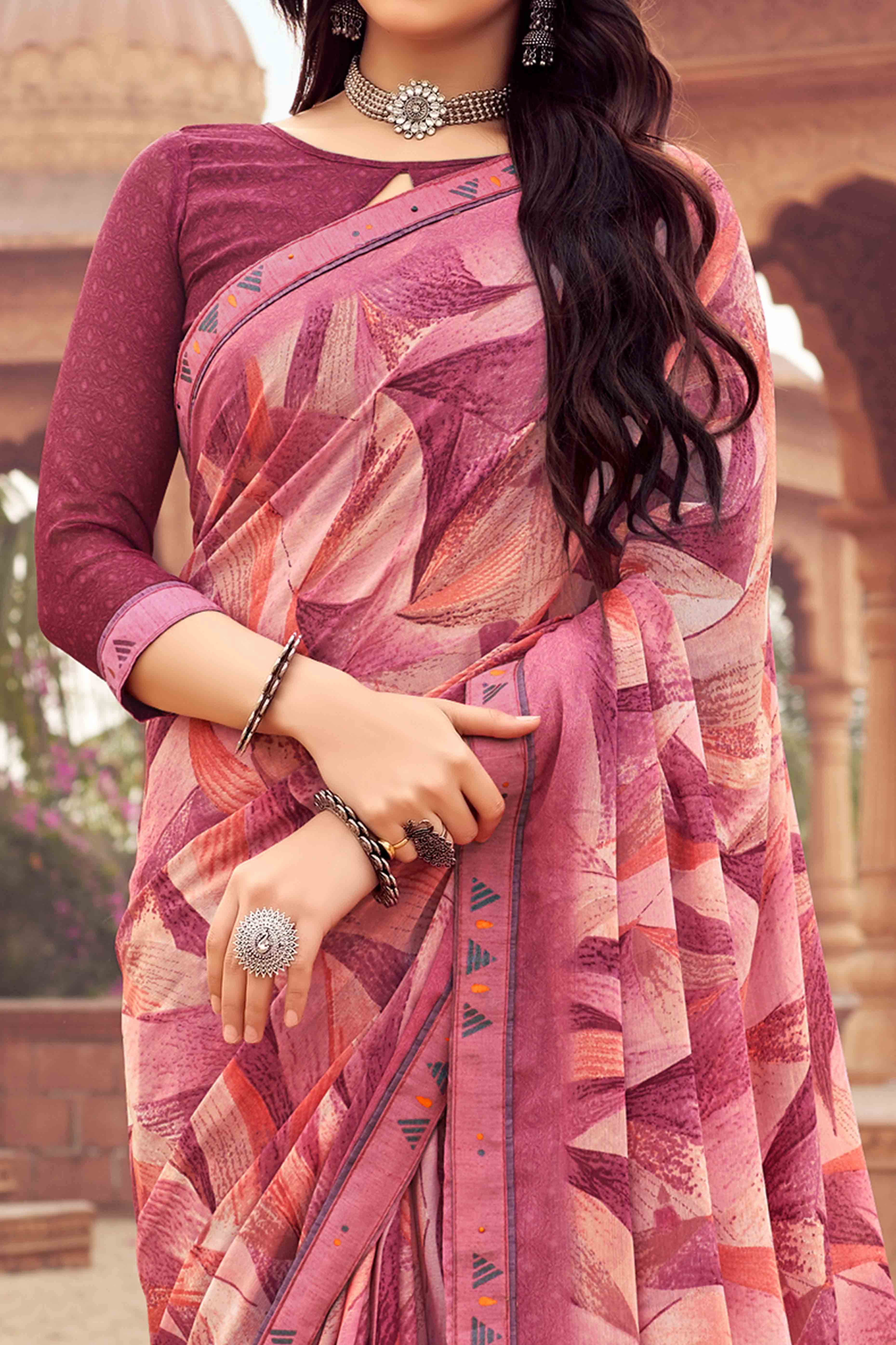 Wine Abstract Printed Chiffon Saree - Image 2