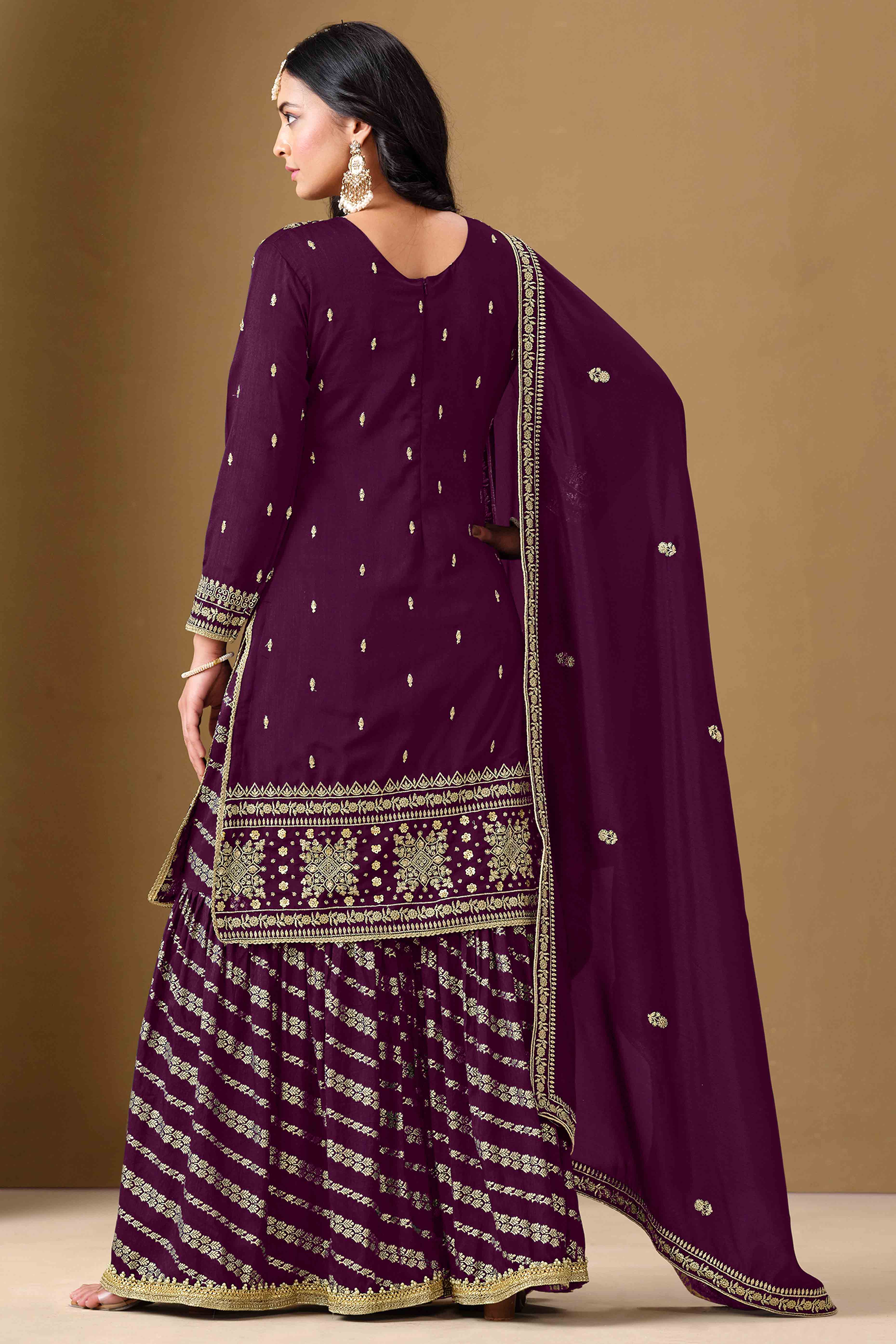 Wine Art Silk Sharara Suit With Floral Sequins Embroidery Work - Image 4
