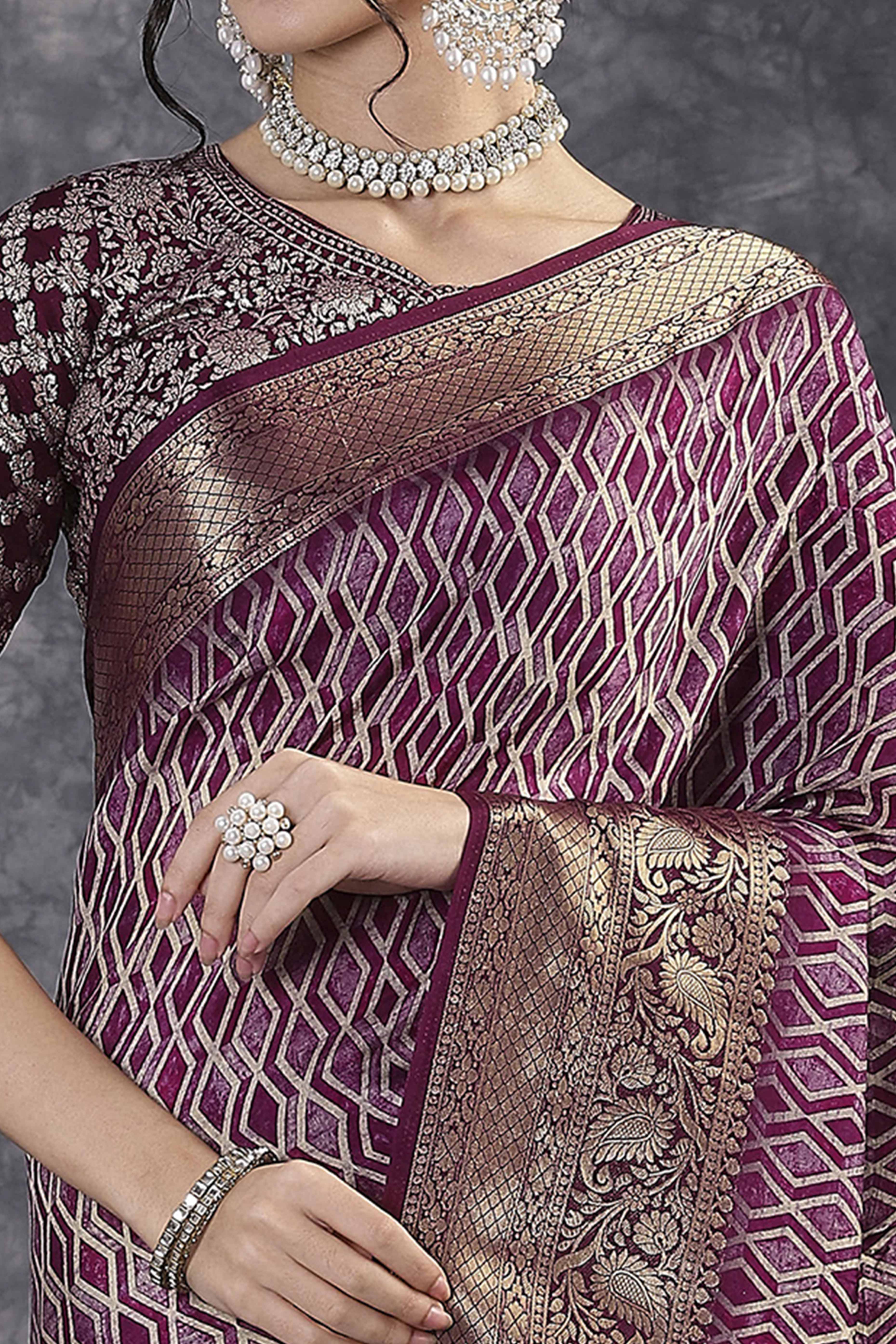 Wine Artistic Print Saree in Dola Silk with Woven Border - Image 2