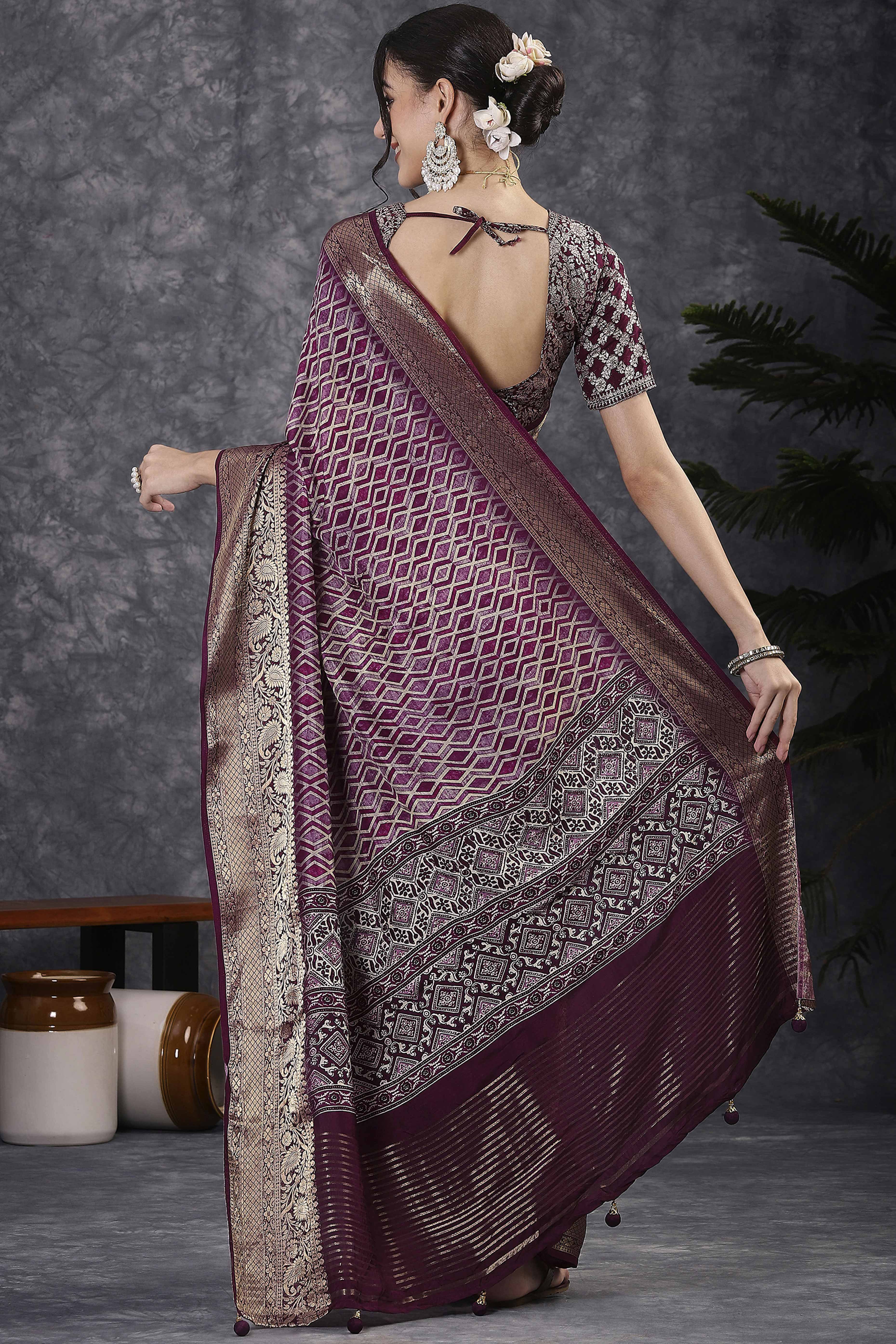 Wine Artistic Print Saree in Dola Silk with Woven Border - Image 3