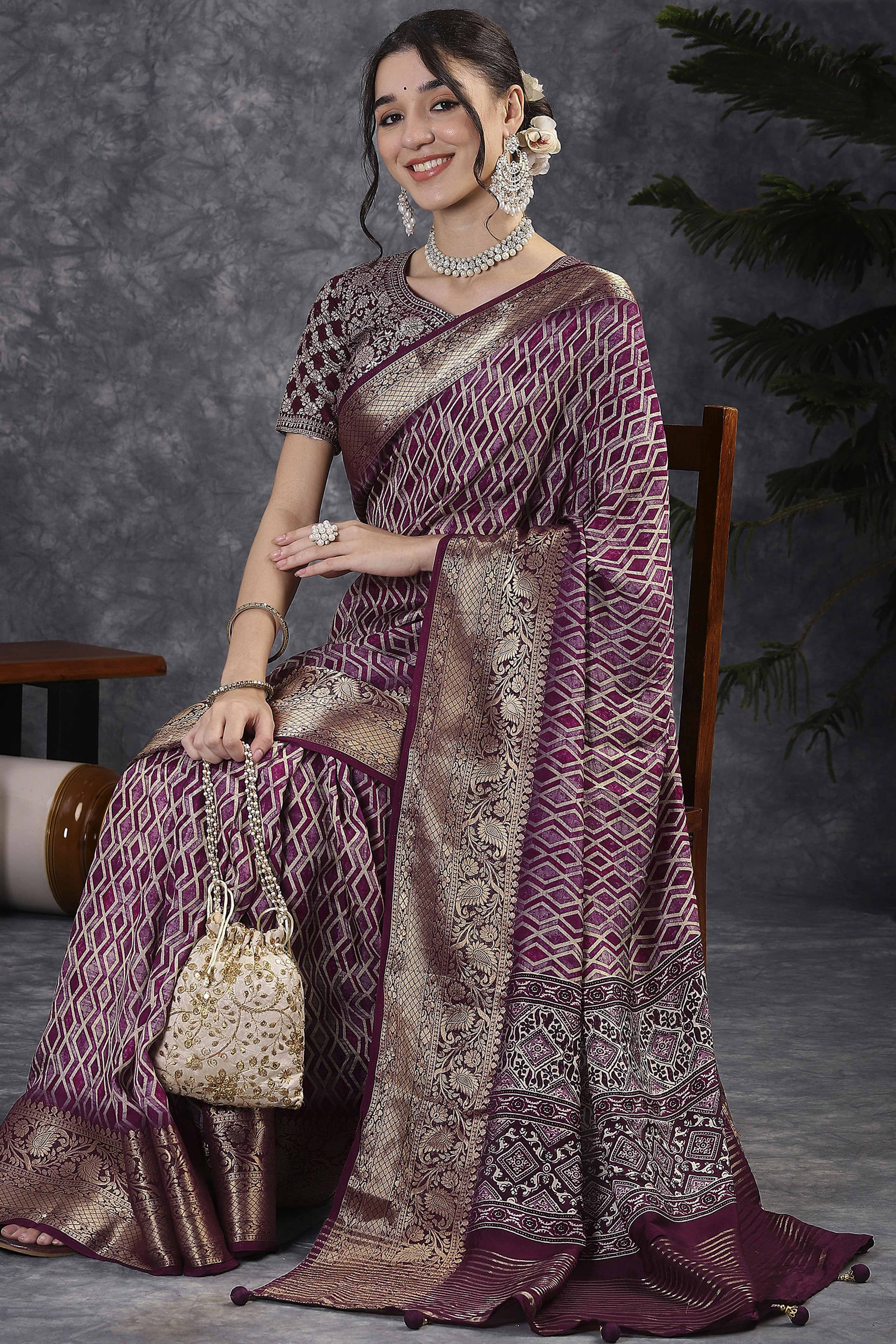 Wine Artistic Print Saree in Dola Silk with Woven Border - Image 4