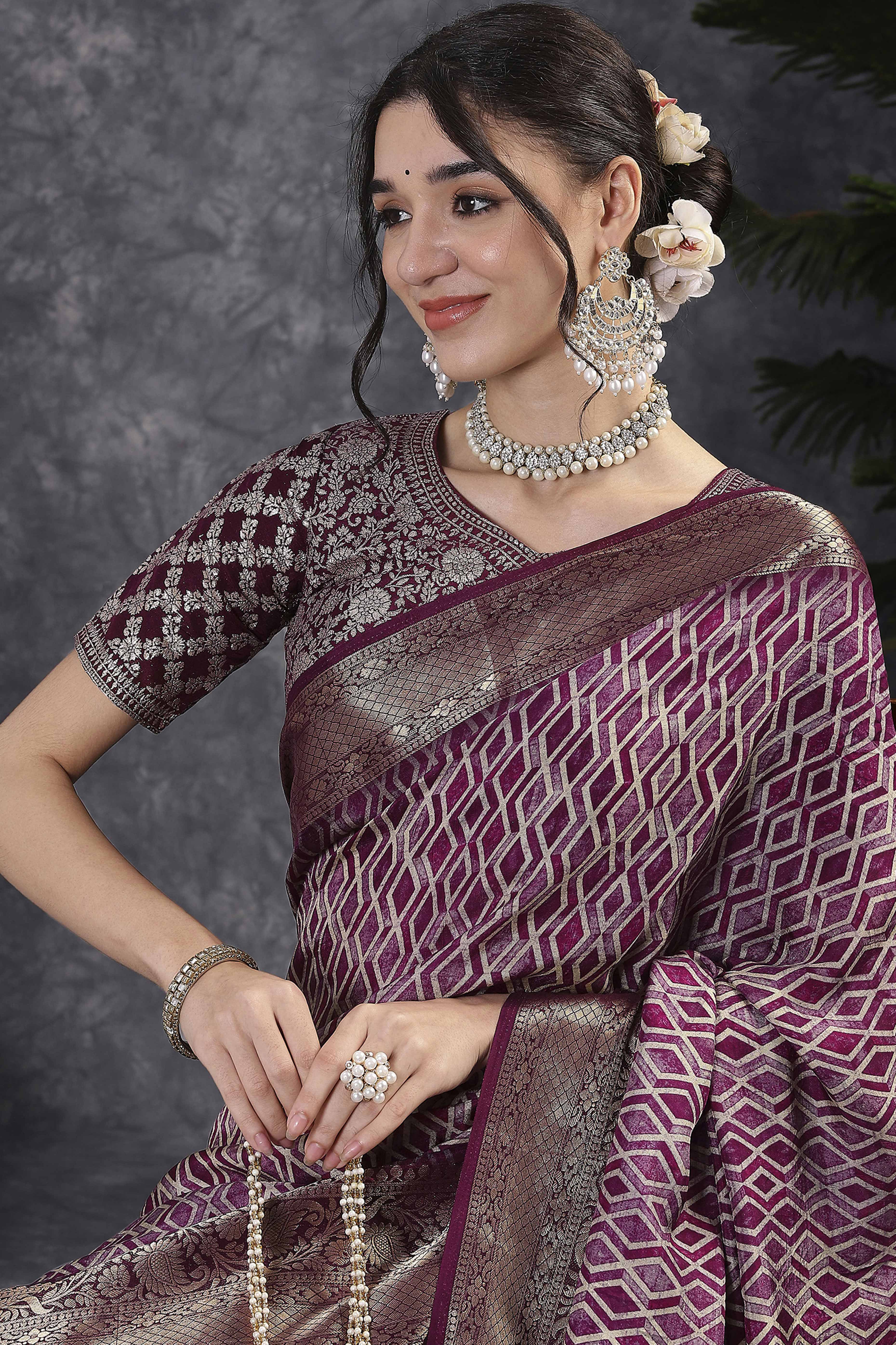 Wine Artistic Print Saree in Dola Silk with Woven Border - Image 5