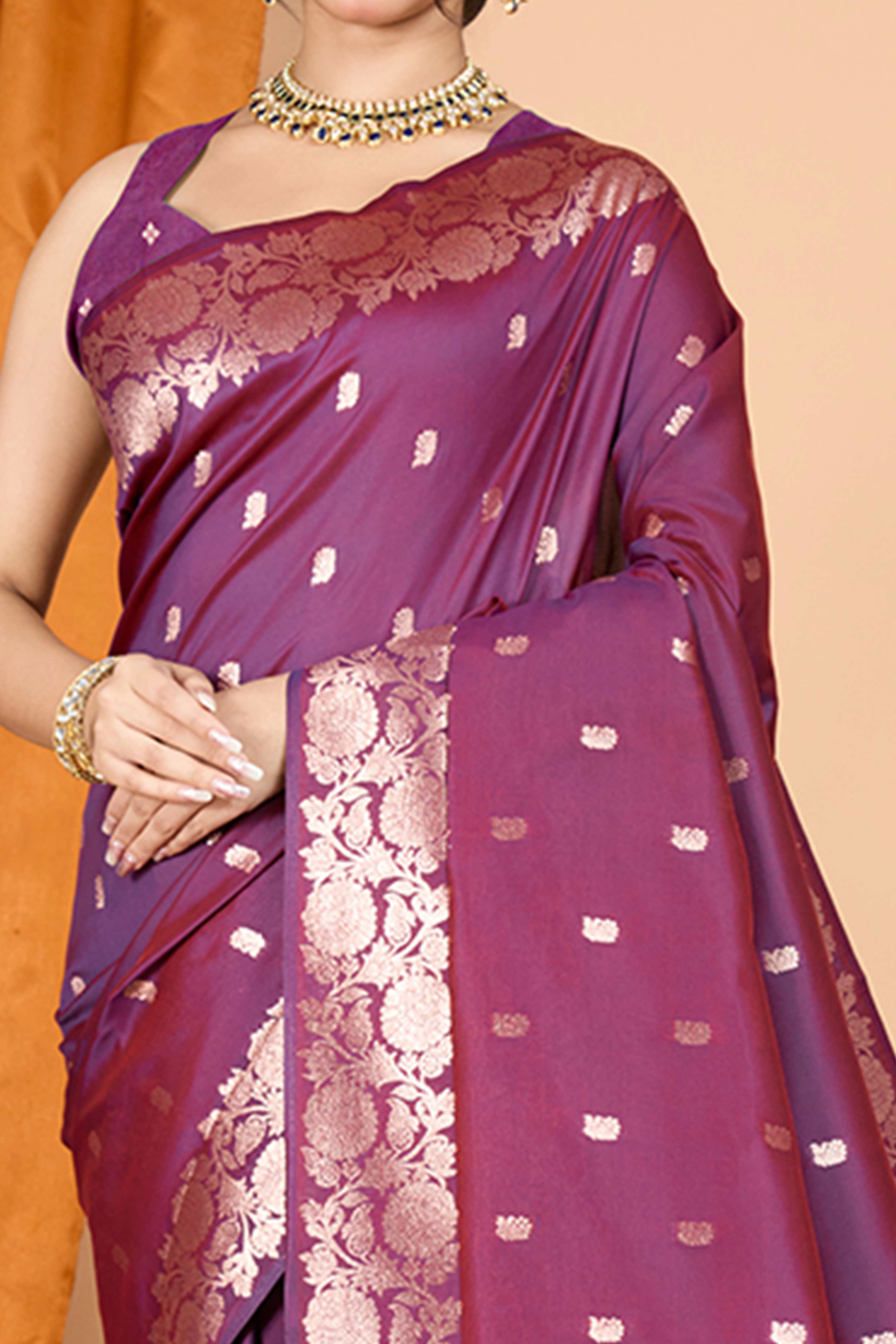 Wine Banarasi Silk Saree With Intricate Floral Zari Weaving - Image 2