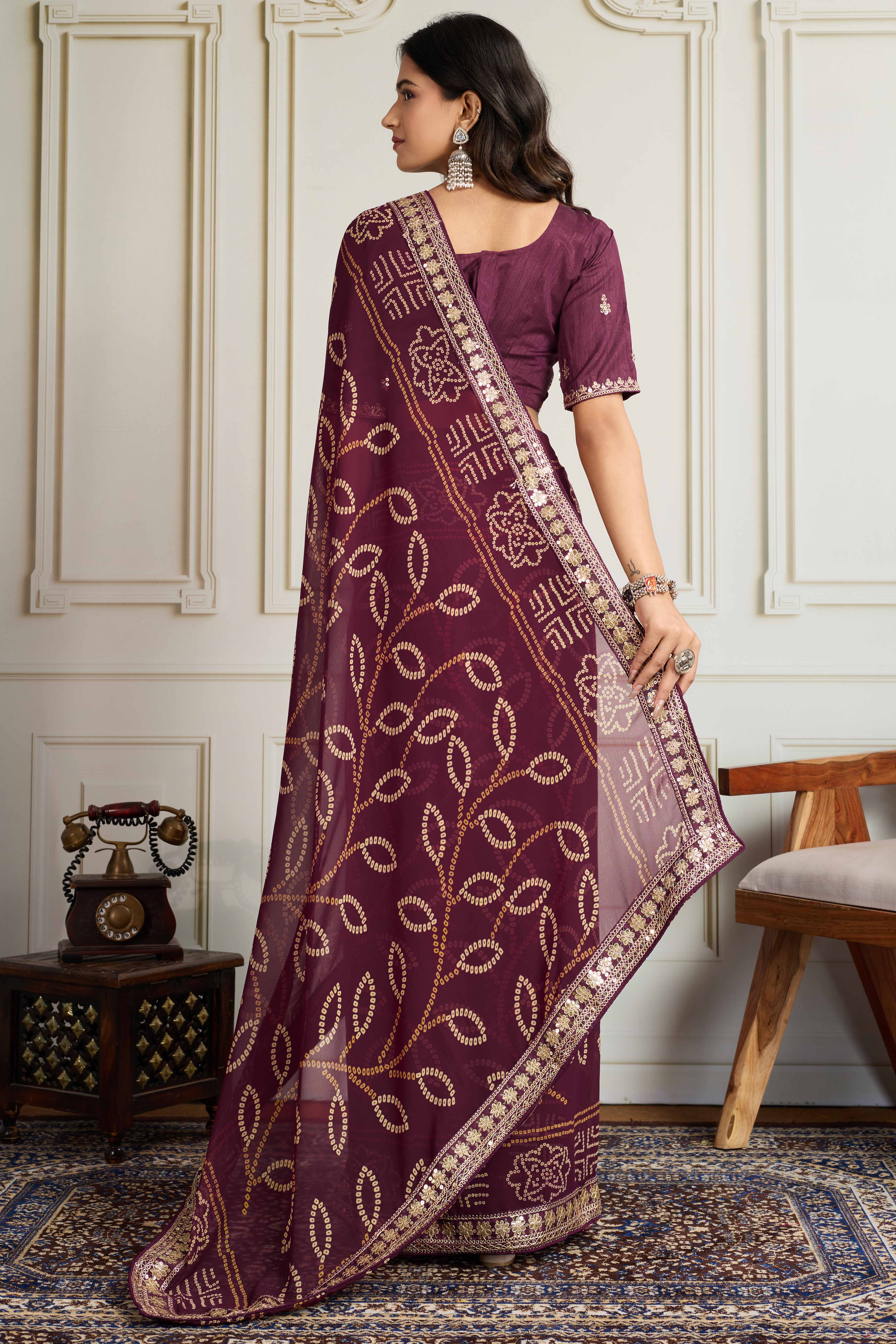 Wine Bandhani Digital Printed Georgette Saree Enhanced With Cording Embroidered Border - Image 5