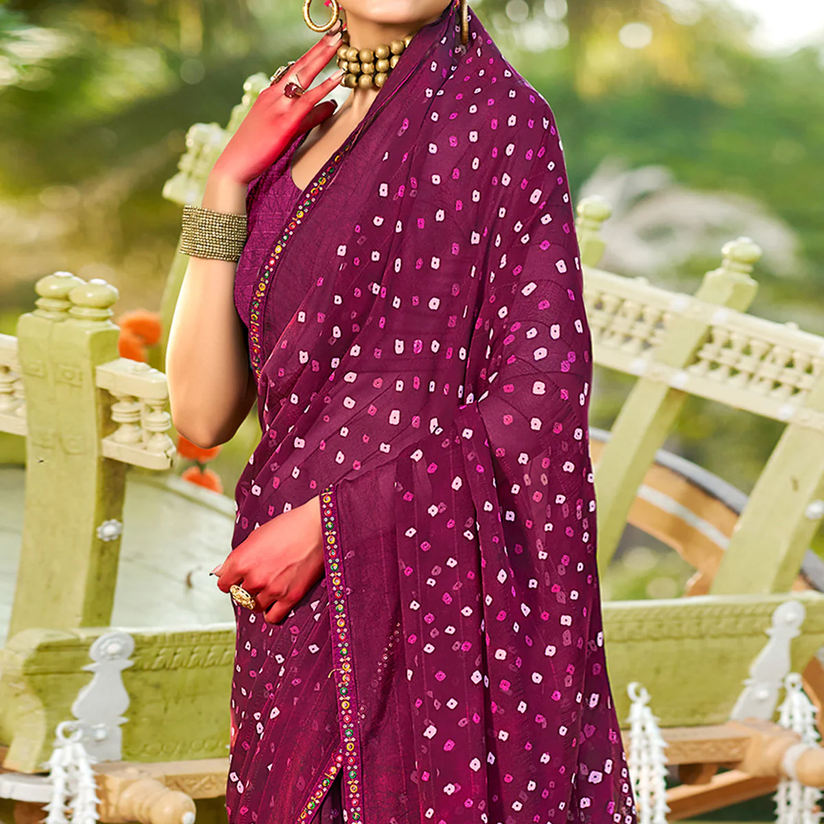 Wine Bandhani Printed Georgette Saree - Image 2
