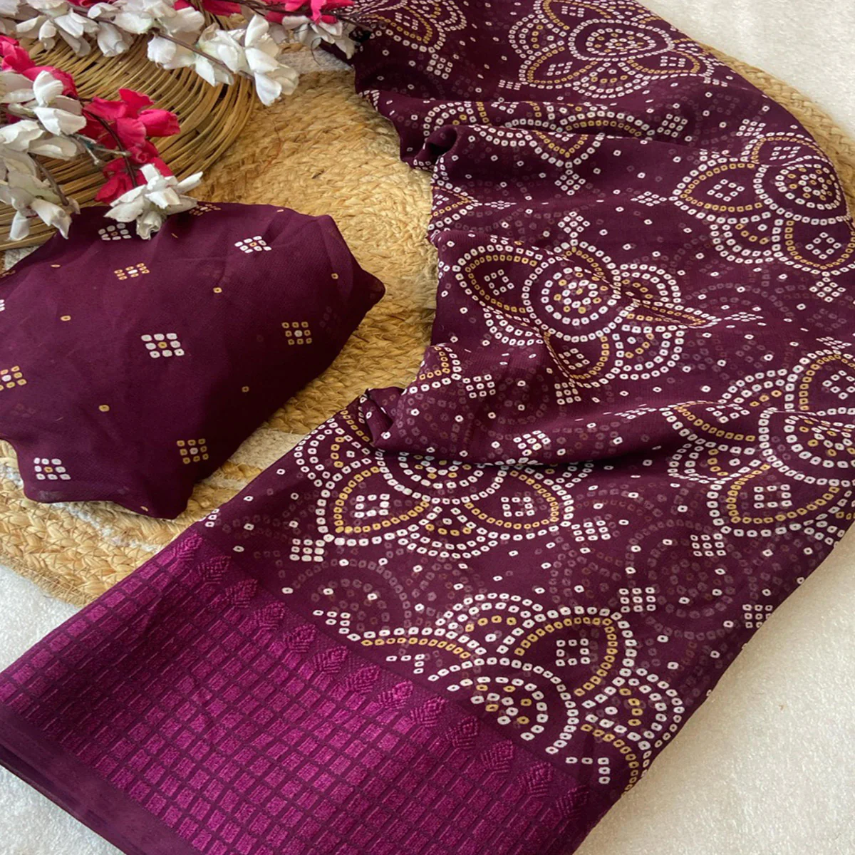 Wine Bandhani Printed Georgette Saree With Viscose Border - Image 2