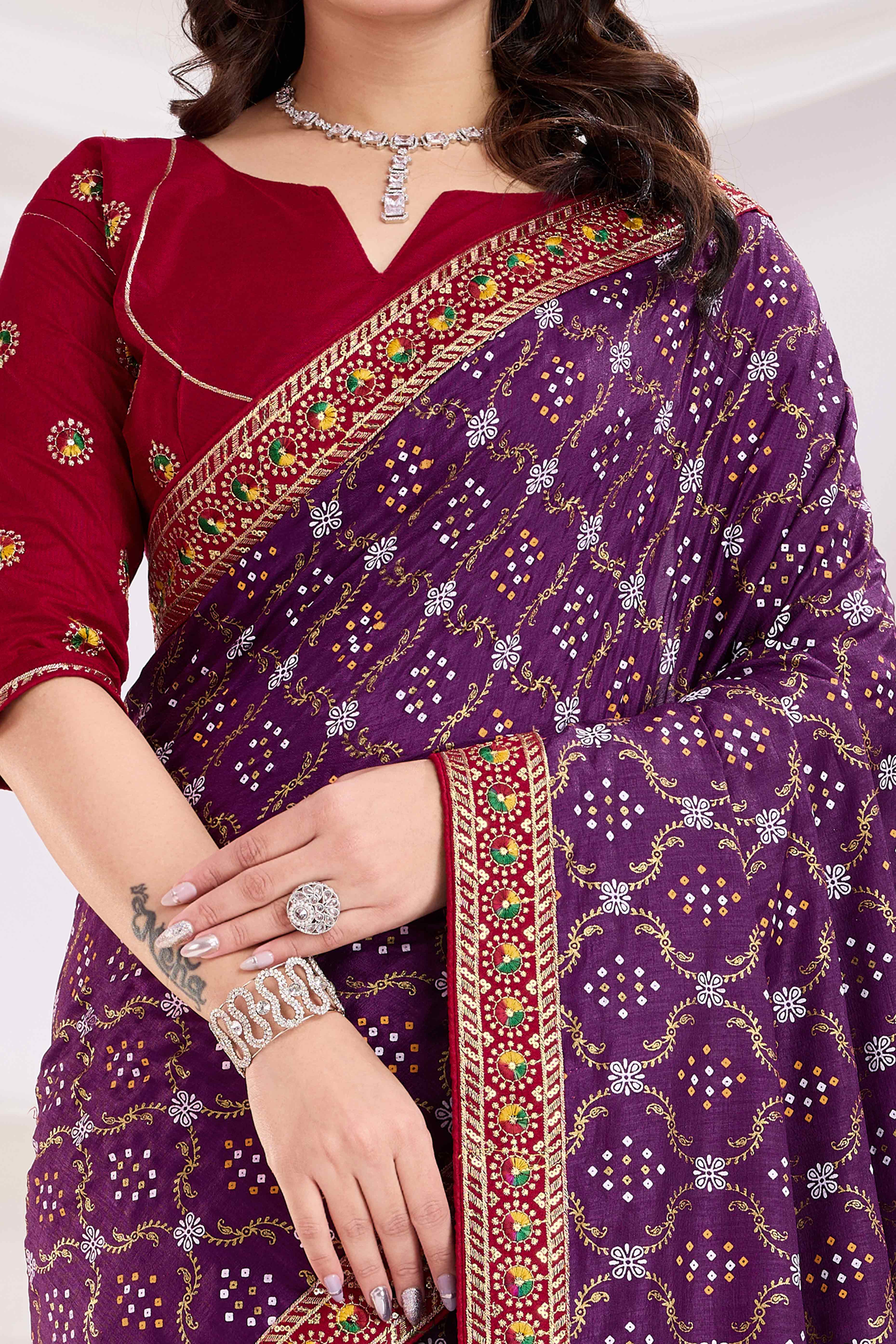 Wine Bandhani Printed Vichitra Silk Saree With Embroidery Border - Image 2