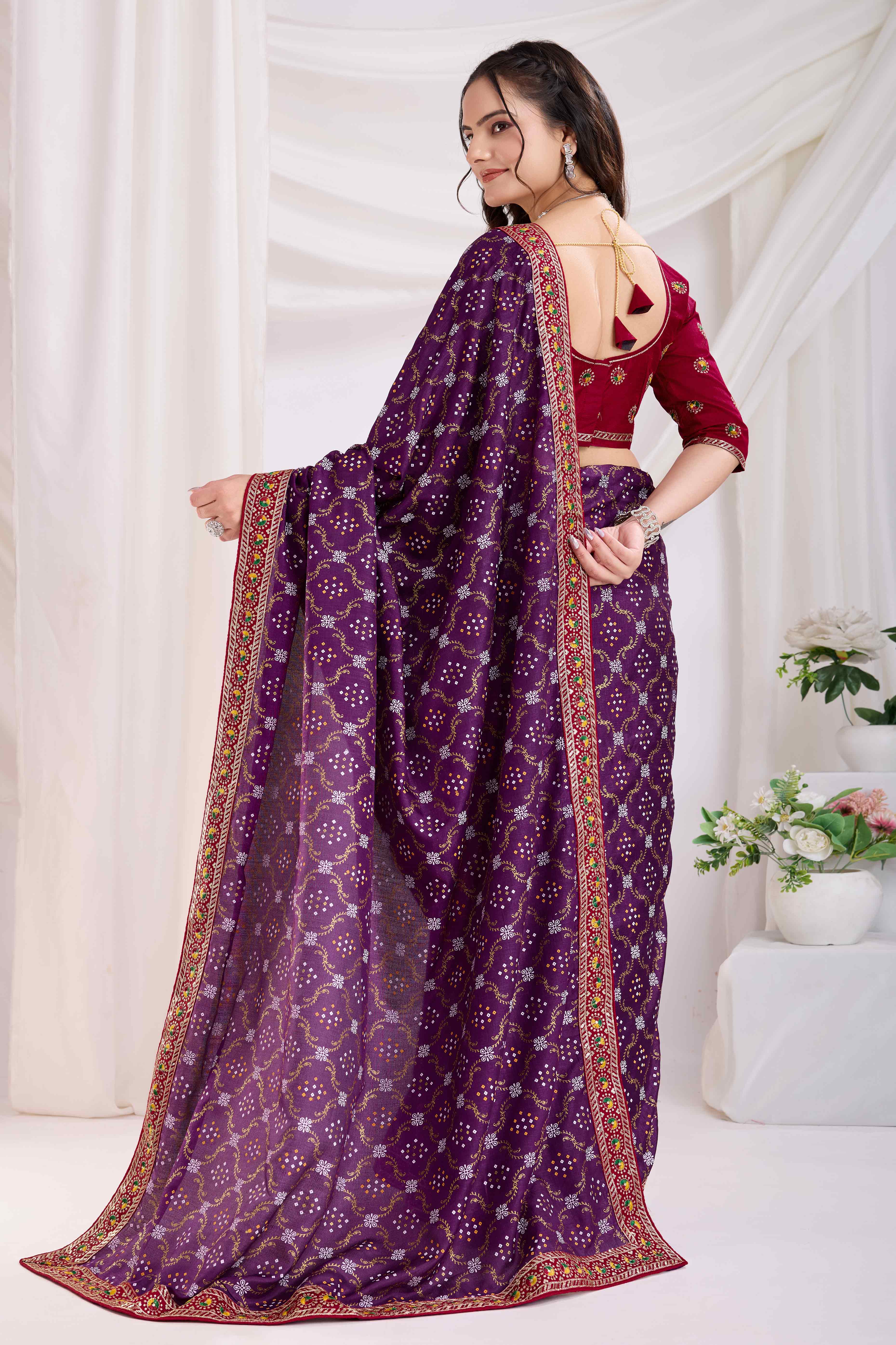 Wine Bandhani Printed Vichitra Silk Saree With Embroidery Border - Image 4