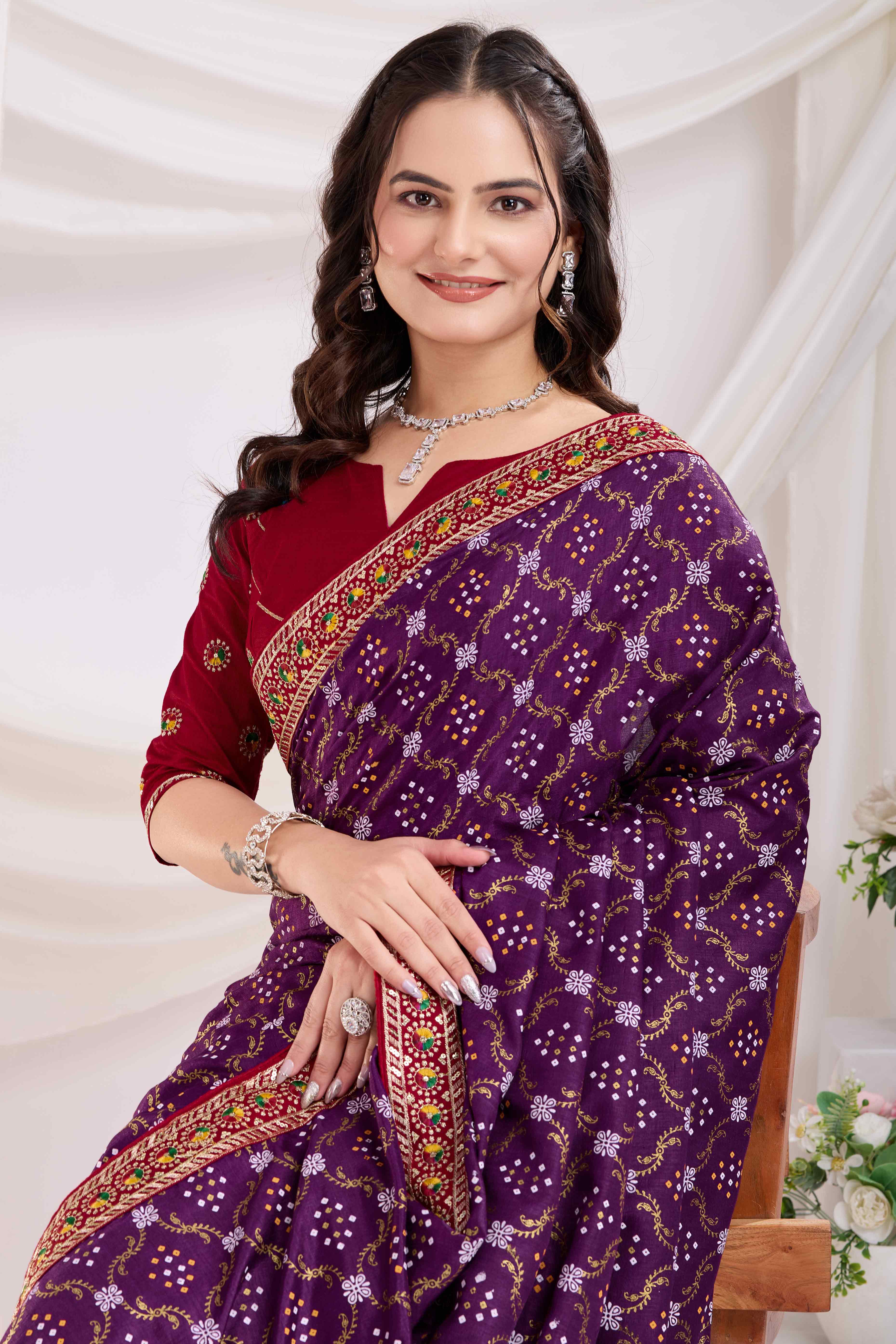 Wine Bandhani Printed Vichitra Silk Saree With Embroidery Border - Image 6