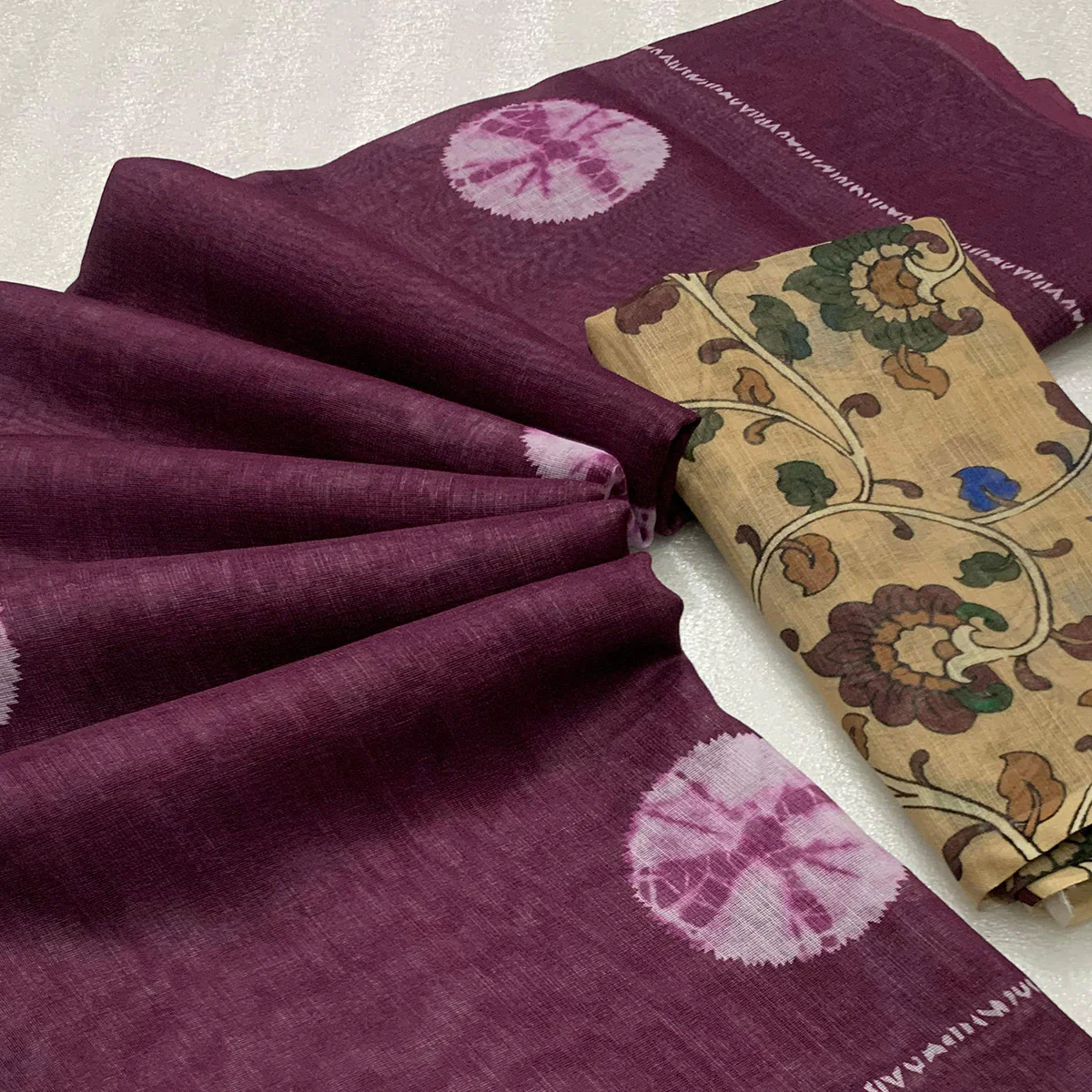 Wine Batik Printed Linen Saree - Image 2