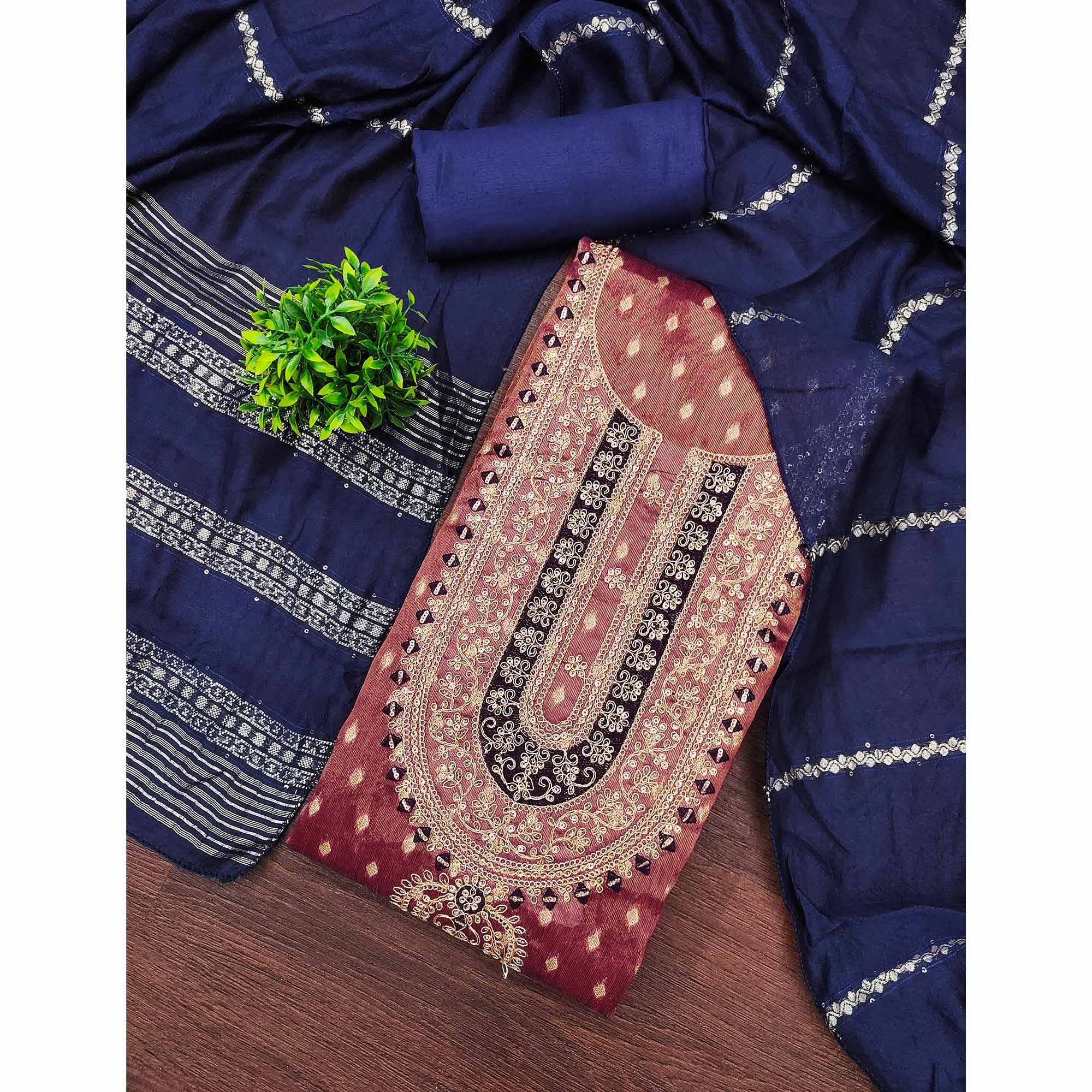 Wine Butti Jacquard Shimmer Dress Material Enhanced With Sequins Cording Embroidery - Image 3