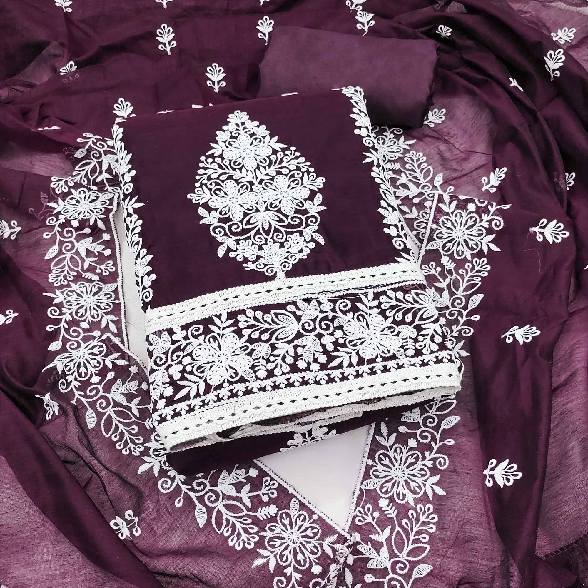 Wine Chanderi Cotton Dress Material With Graceful Floral Thread Embroidery - Image 3