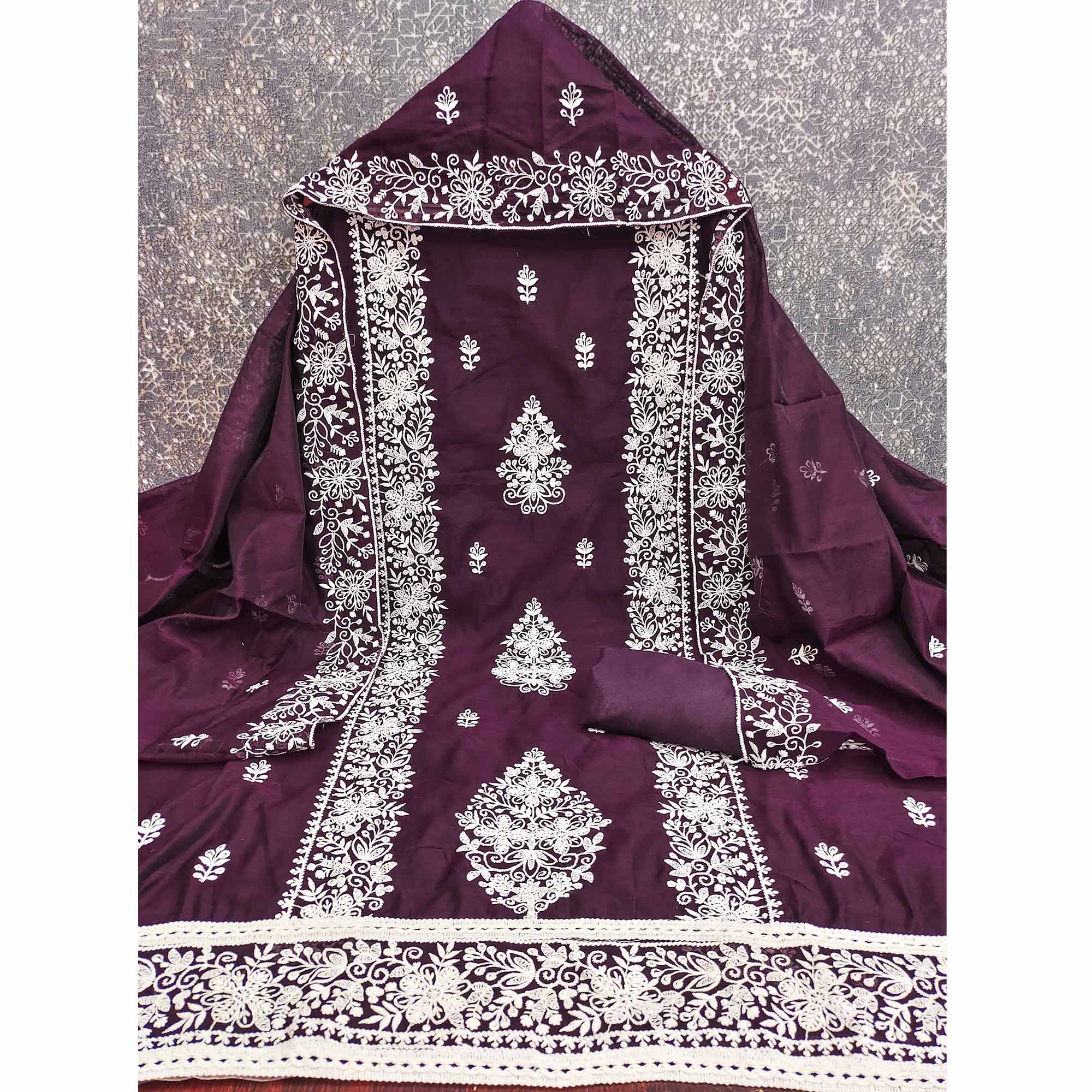 Wine Chanderi Cotton Dress Material With Graceful Floral Thread Embroidery - Image 4
