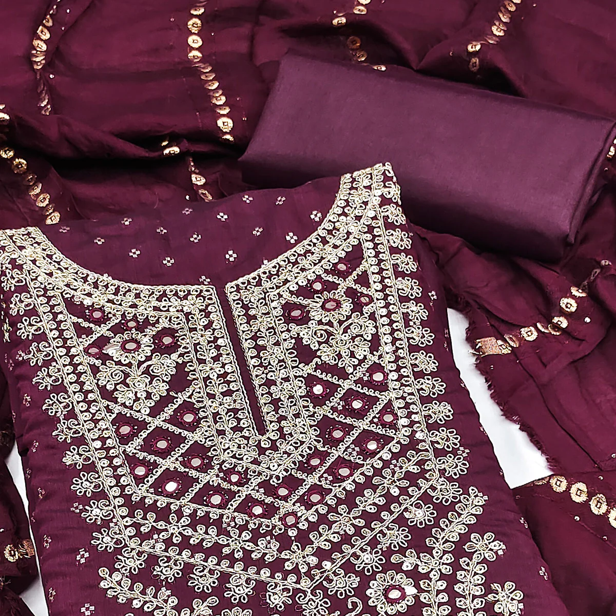 Wine Chanderi Silk Dress Material With Intricate Floral Sequins Embroidery & Butti Work - Image 2