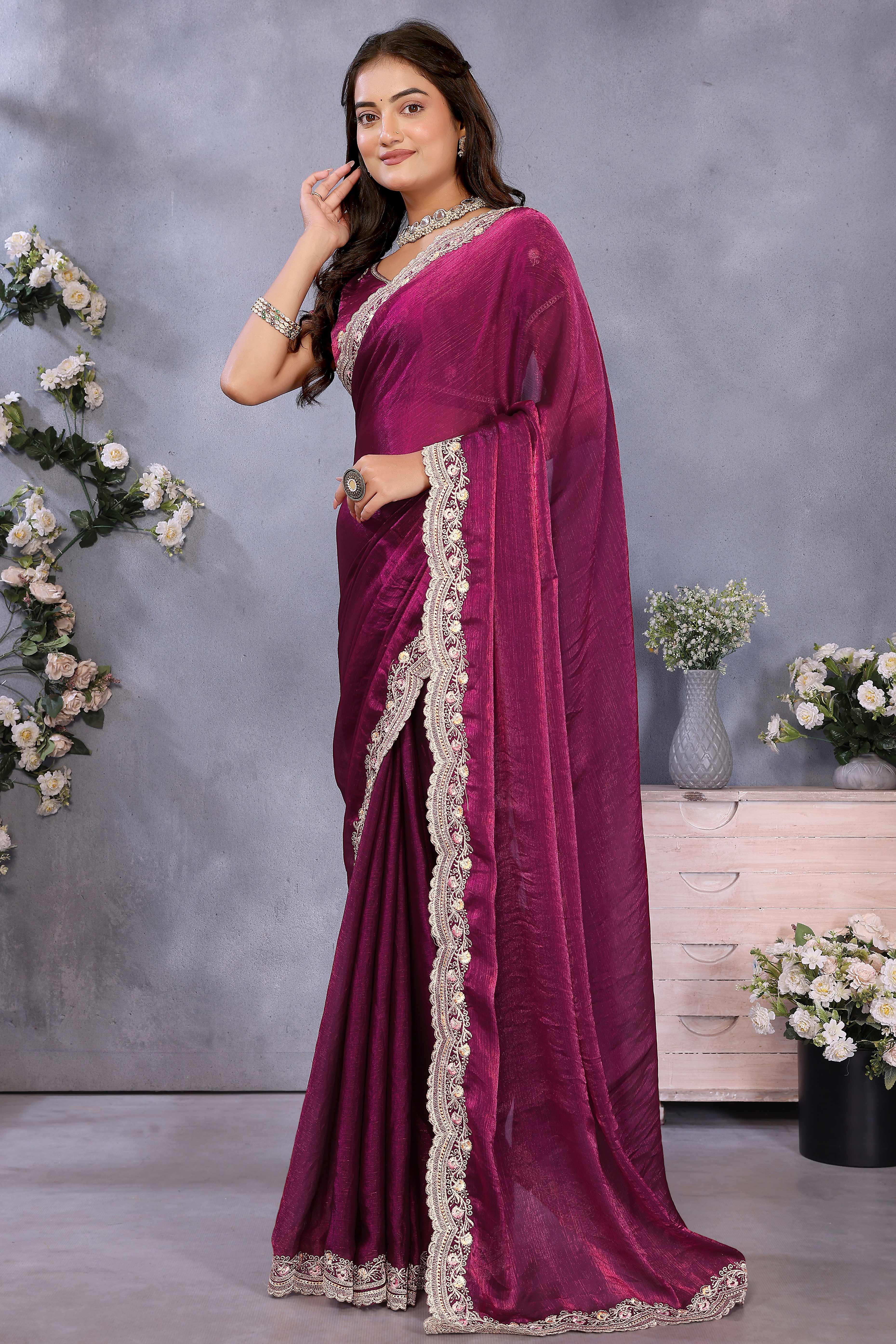 Wine Chiffon Saree with Delicate Embroidered Motifs for Special Occasions - Image 3