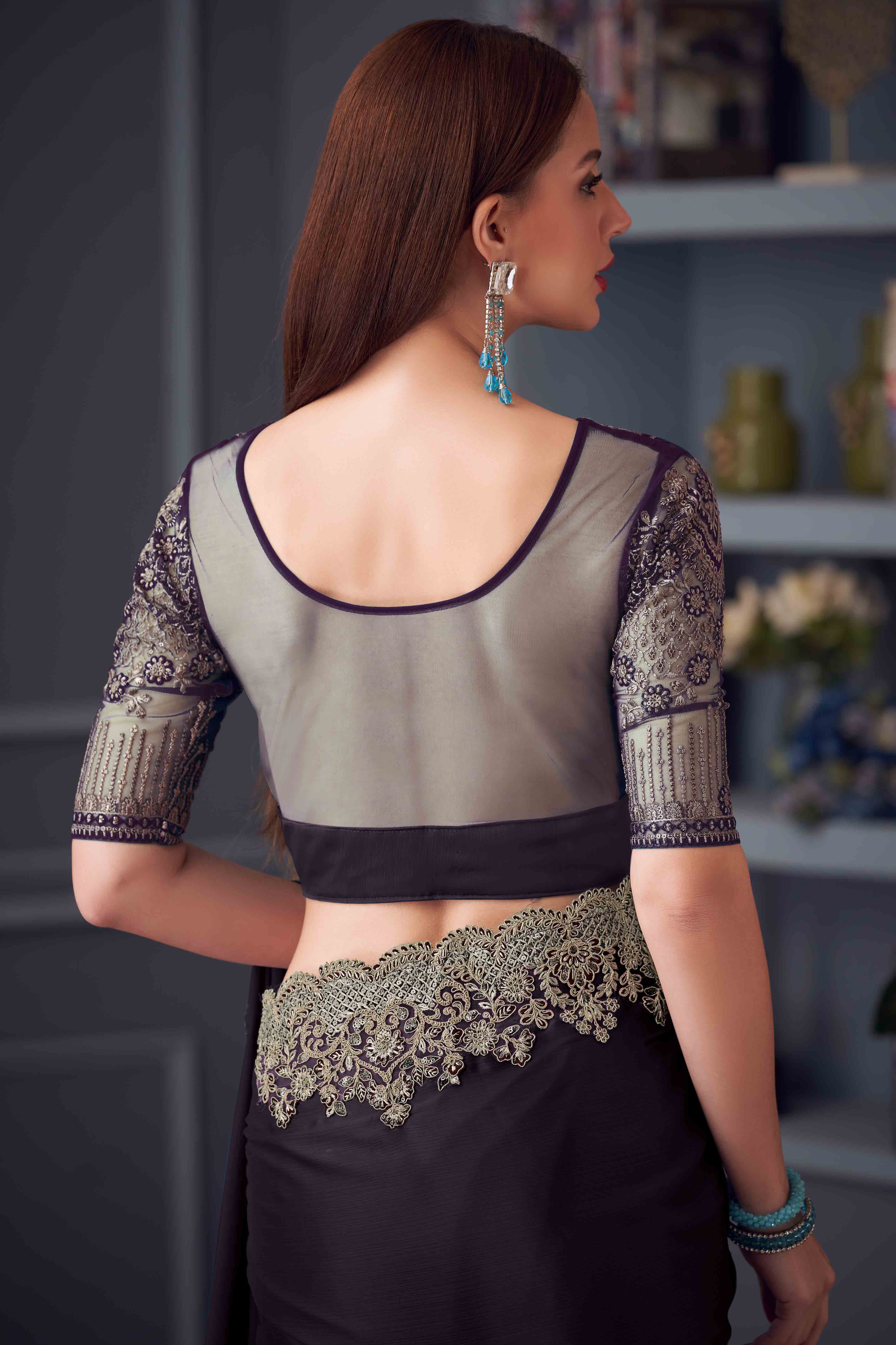 Wine Chiffon Saree with Embellished Border - Image 5