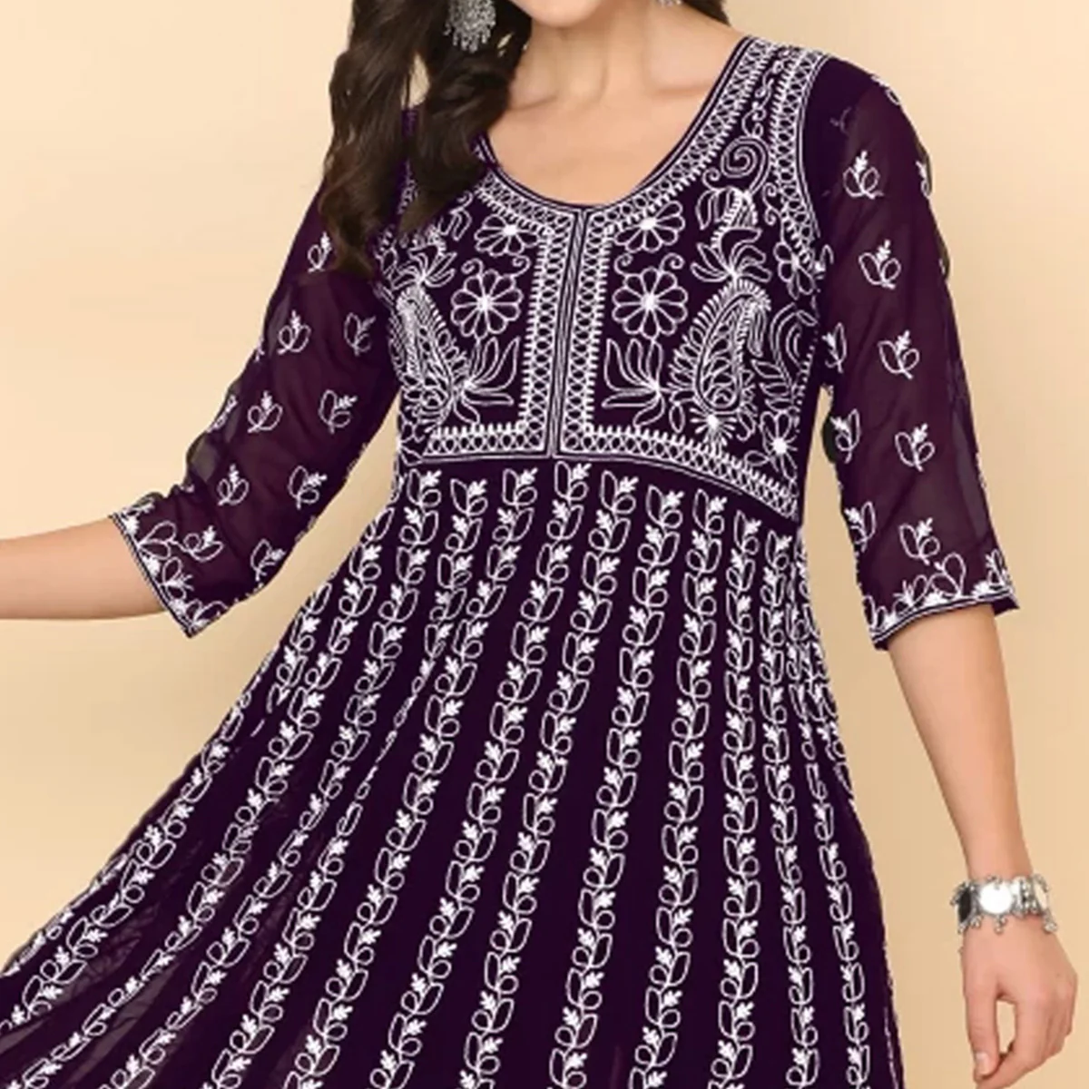 Wine Chikan Embroidery Georgette Anarkali KurtI - Image 2