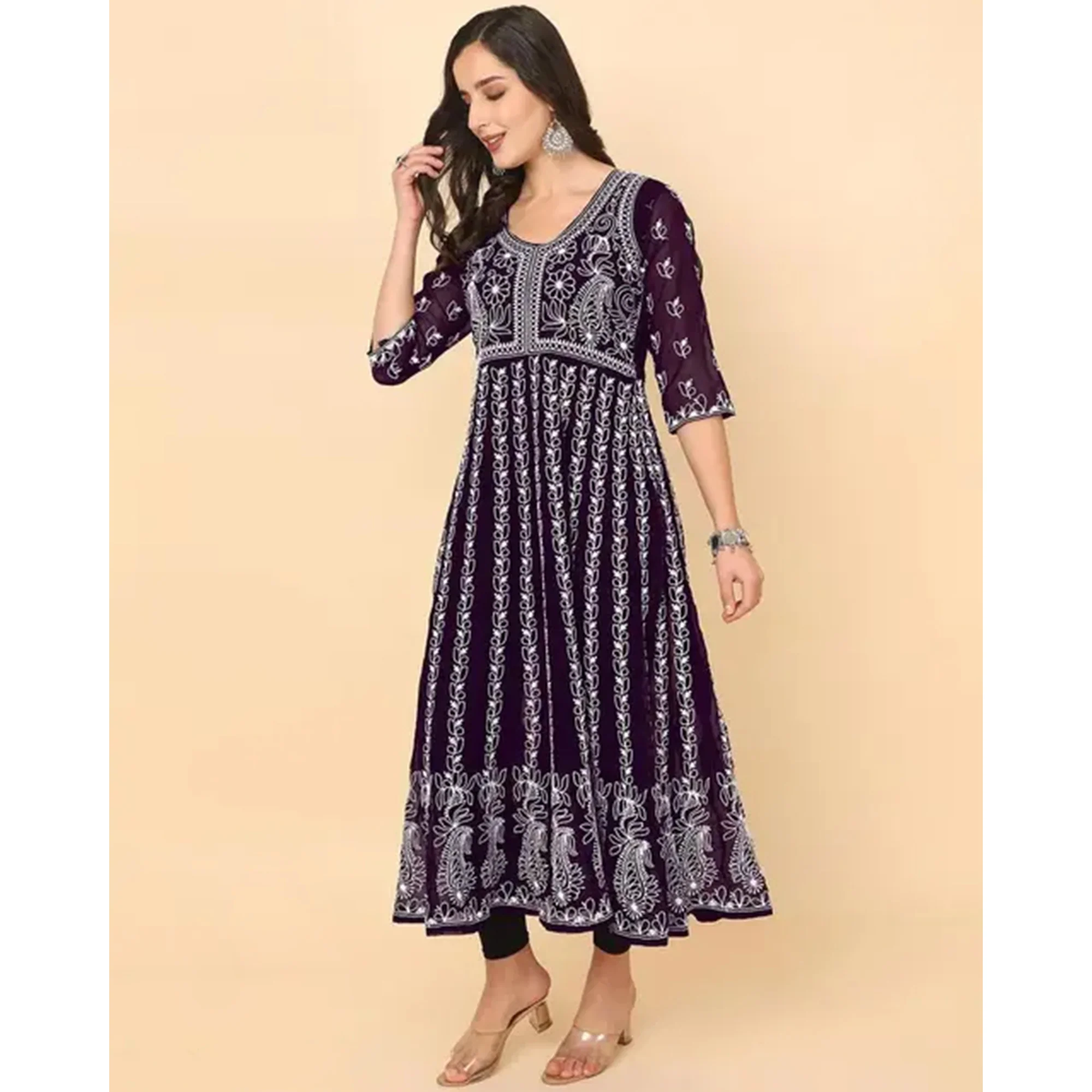 Wine Chikan Embroidery Georgette Anarkali KurtI - Image 3