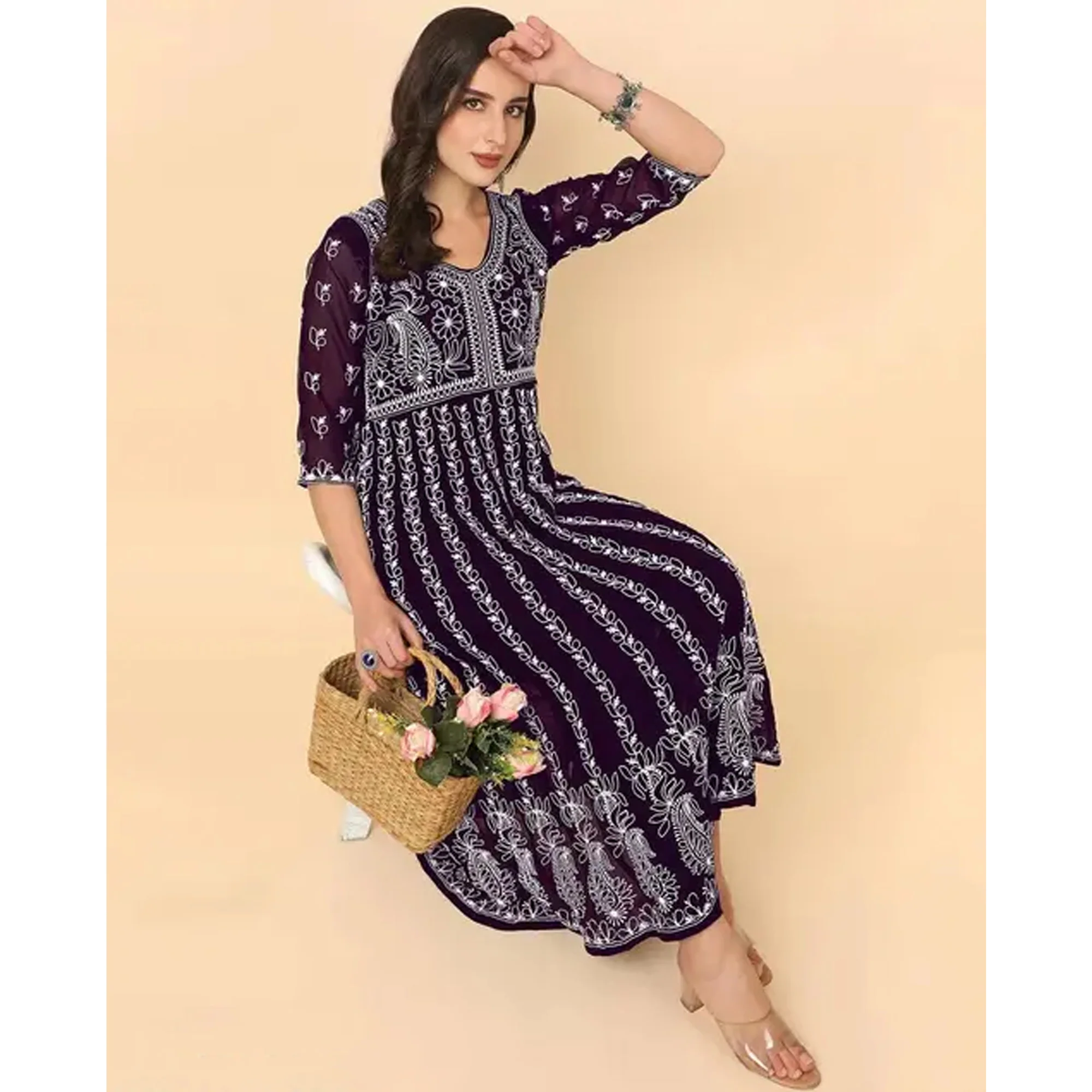 Wine Chikan Embroidery Georgette Anarkali KurtI - Image 4