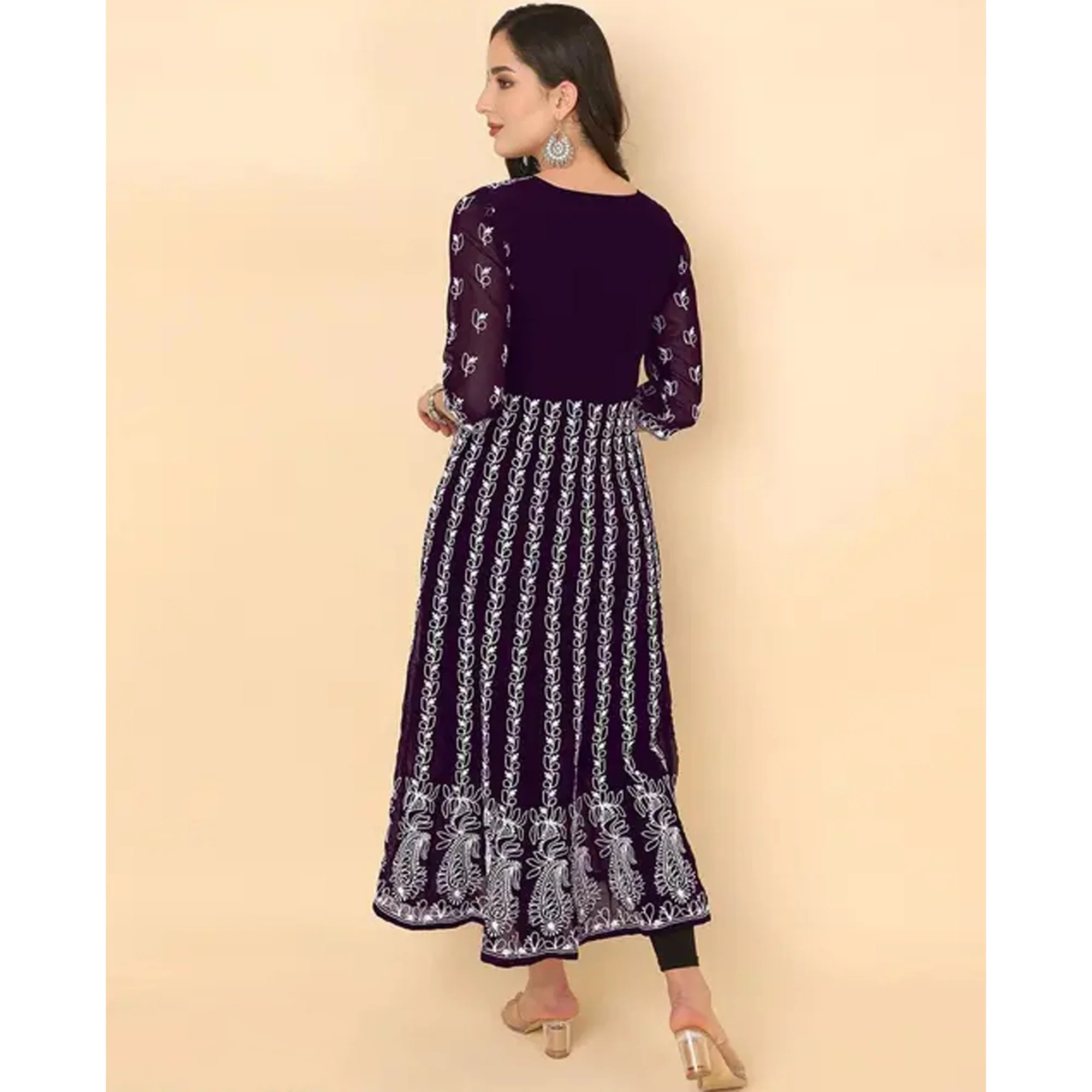 Wine Chikan Embroidery Georgette Anarkali KurtI - Image 5