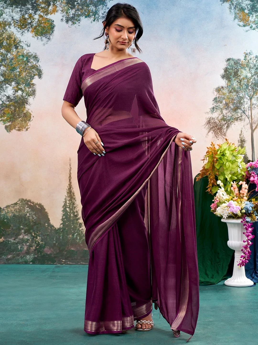 Wine Chinon Saree Featuring Classic Golden Zari Border with Smooth Solid Finish