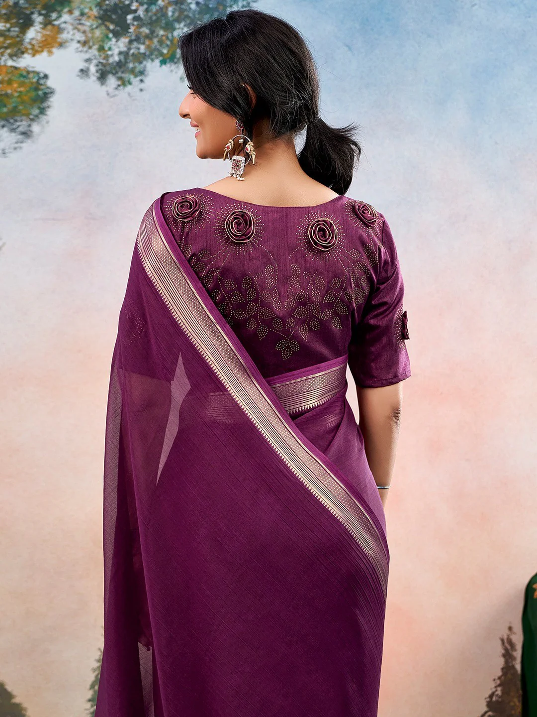 Wine Chinon Saree Featuring Classic Golden Zari Border with Smooth Solid Finish - Image 5