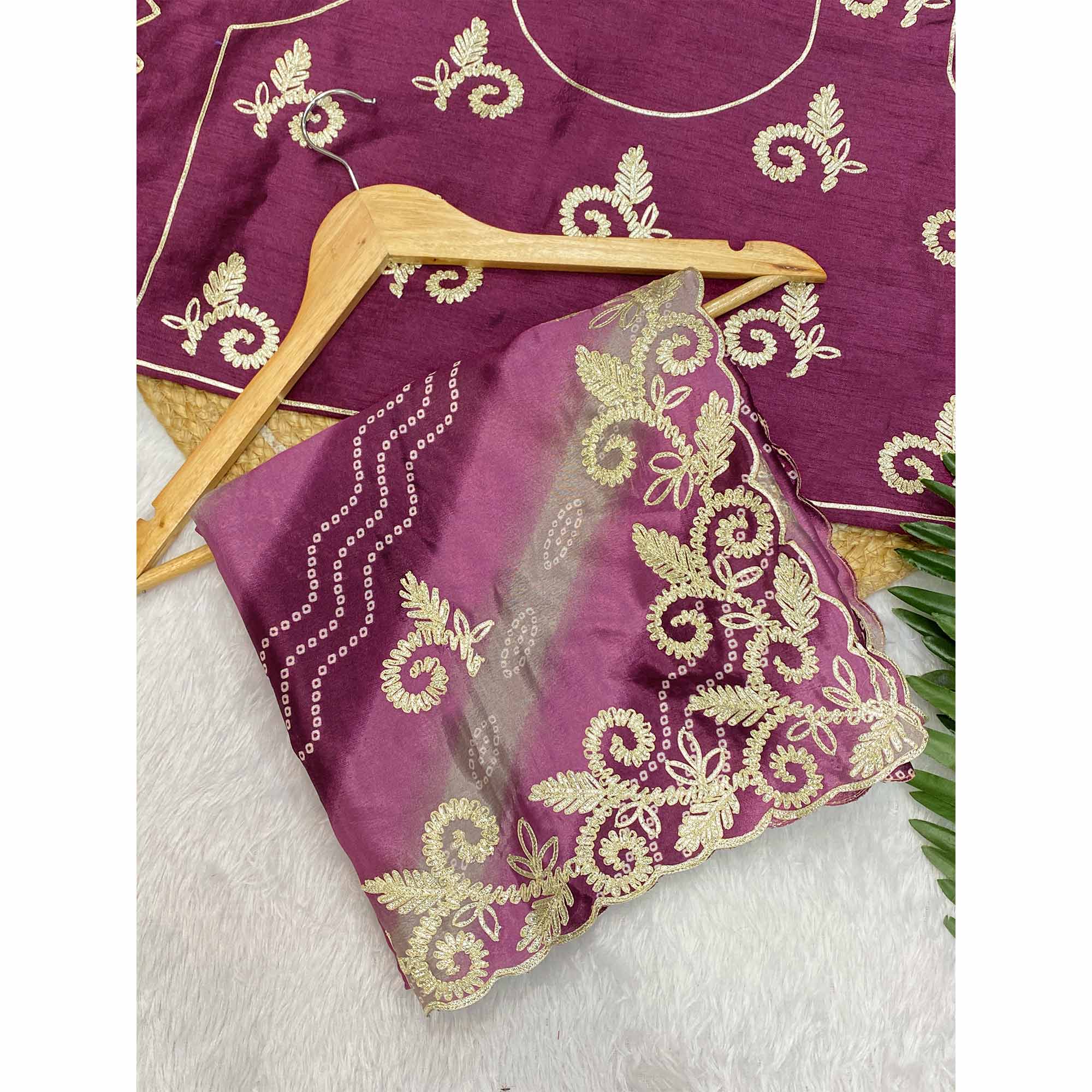 Wine Chinon Saree With Timeless Bandhani Print & Exquisite Gota Patti Embroidery - Image 3