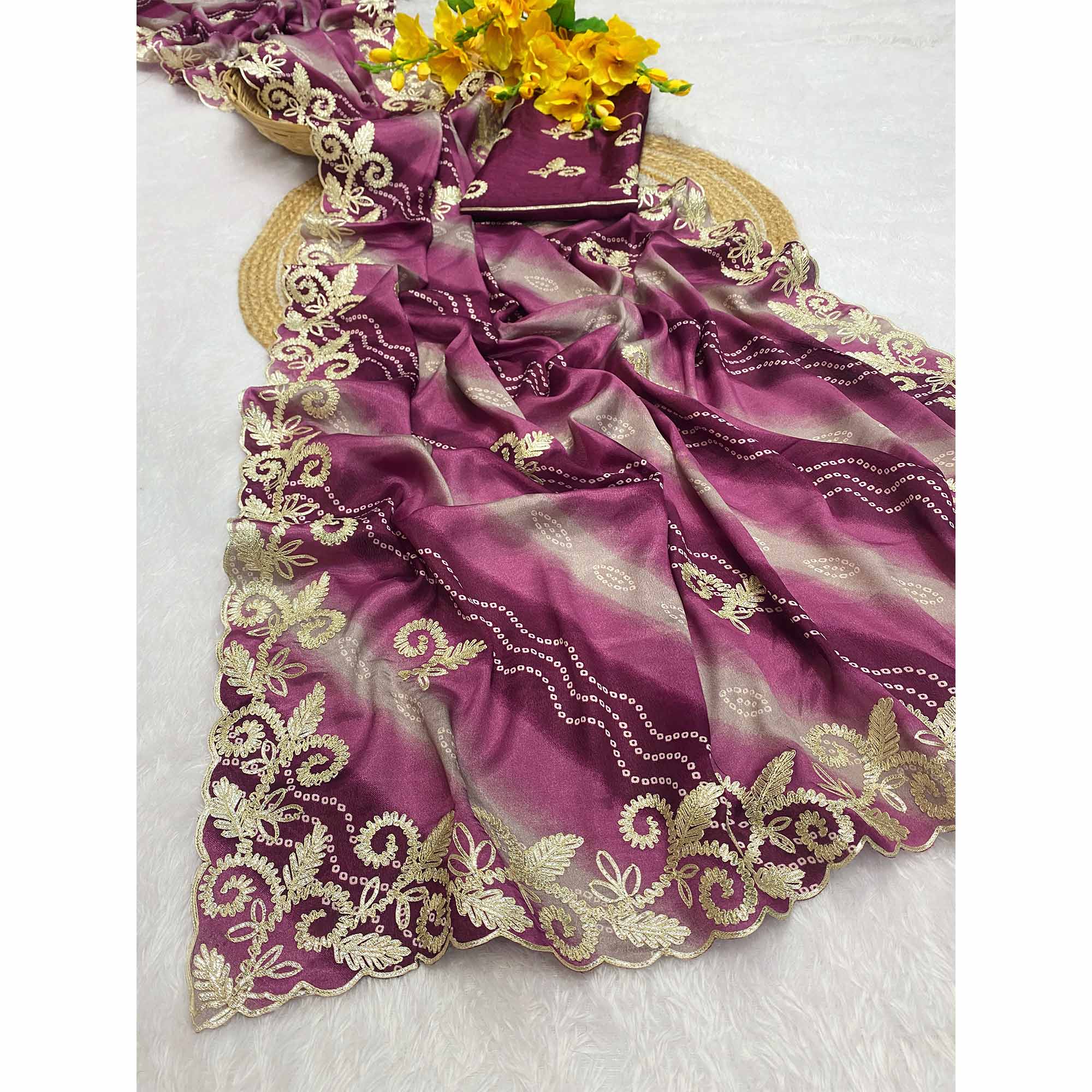 Wine Chinon Saree With Timeless Bandhani Print & Exquisite Gota Patti Embroidery - Image 4