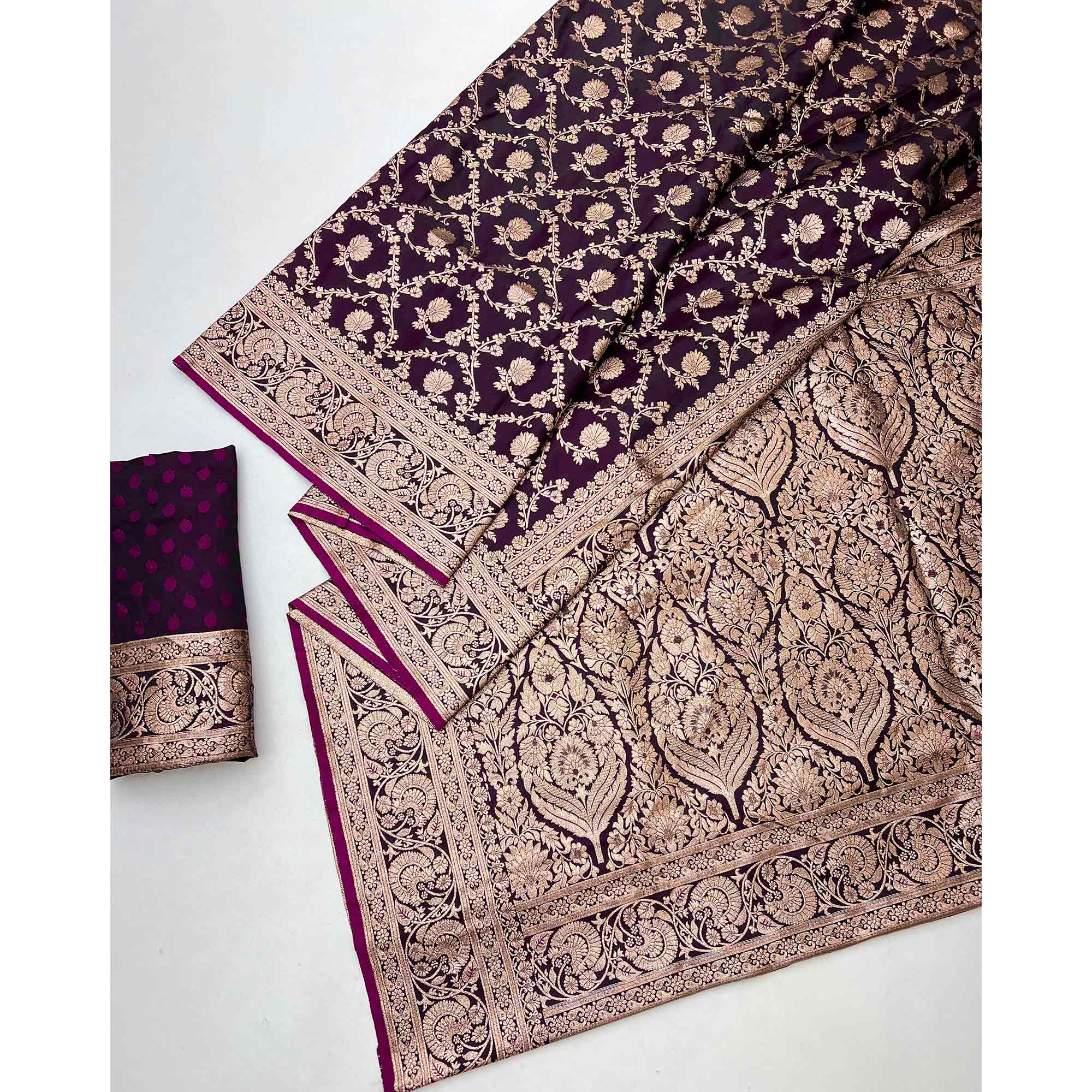 Wine Classic Floral Zari Weaving Satin Silk Saree With Sophisticated Drape - Image 3